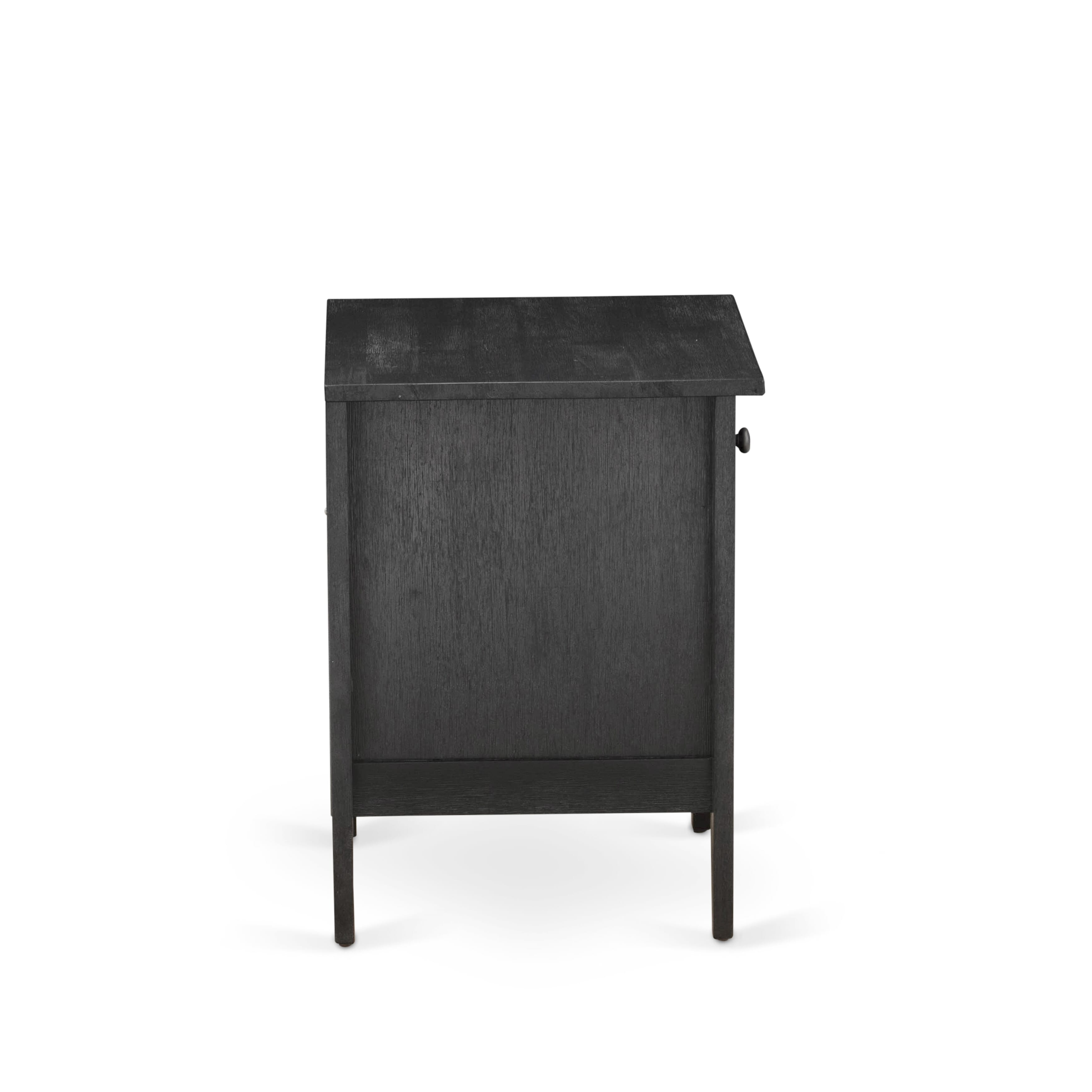 Juego de dormitorio East West Furniture GB25K-2GA06 de 3 piezas tamaño king con estructura capitoné y dos mesas auxiliares negras cepilladas con alambre. Piel sintética marrón oscuro con textura negra y patas negras.