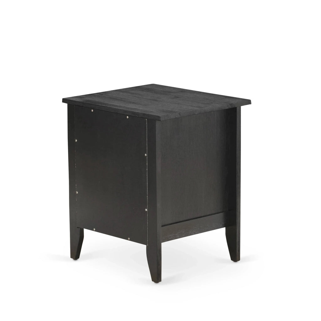 Juego de dormitorio King de 2 piezas KD18K-1GA06: 1 cama de madera con cabecero acolchado de lino marrón y botones, 1 mesita de noche de mediados de siglo con cajón moderno y patas con acabado negro.