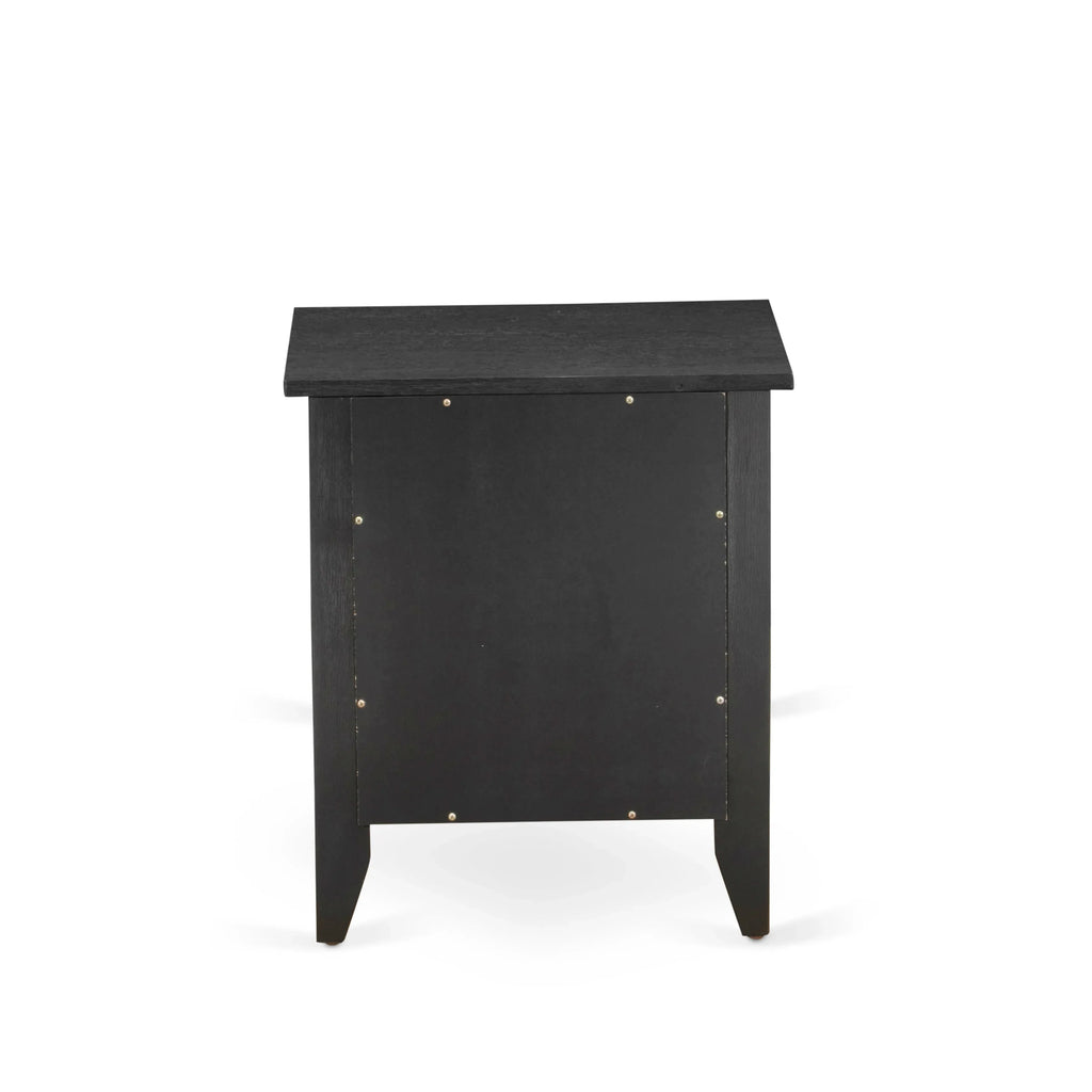 Juego de dormitorio King de 2 piezas KD18K-1GA06: 1 cama de madera con cabecero acolchado de lino marrón y botones, 1 mesita de noche de mediados de siglo con cajón moderno y patas con acabado negro.