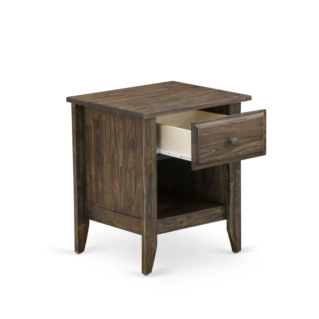 KD18K-1GA07 Juego de cama tamaño king de 2 piezas: 1 base de cama tamaño king con plataforma, cabecero acolchado con botones y tela de lino marrón, 1 mesita de noche con cajón de madera y patas con acabado negro.