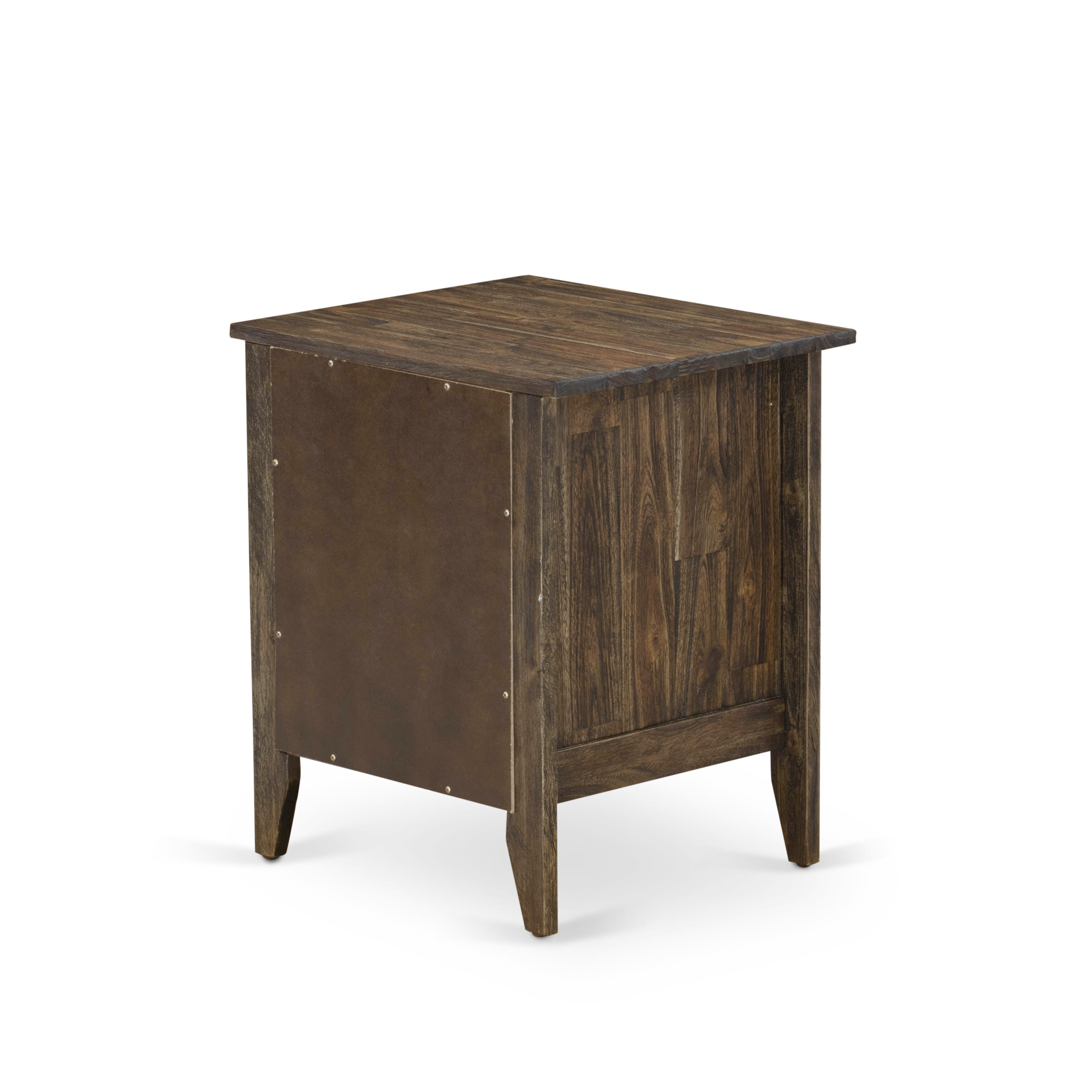 Juego de dormitorio de 2 piezas East West Furniture KD18Q-1GA07: cama tamaño queen, cabecero acolchado de lino marrón con botones, mesita de noche con cajón de madera y patas negras.