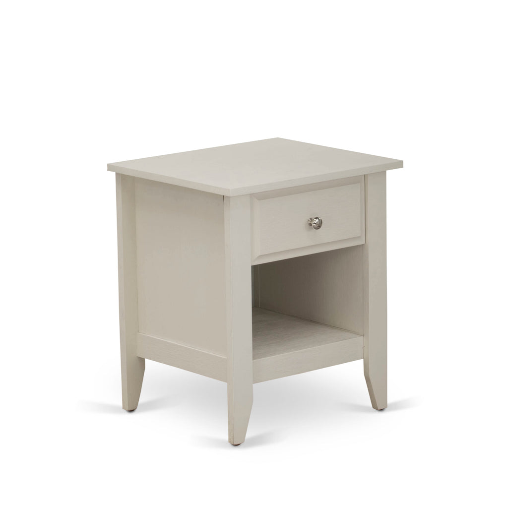 Juego de cama de 2 piezas East West Furniture KD16F-1GA0C tamaño matrimonial: 1 base de cama con plataforma, cabecero acolchado con botones y tela de lino color caqui oscuro, 1 mesita de noche con cajón de madera y patas con acabado negro.