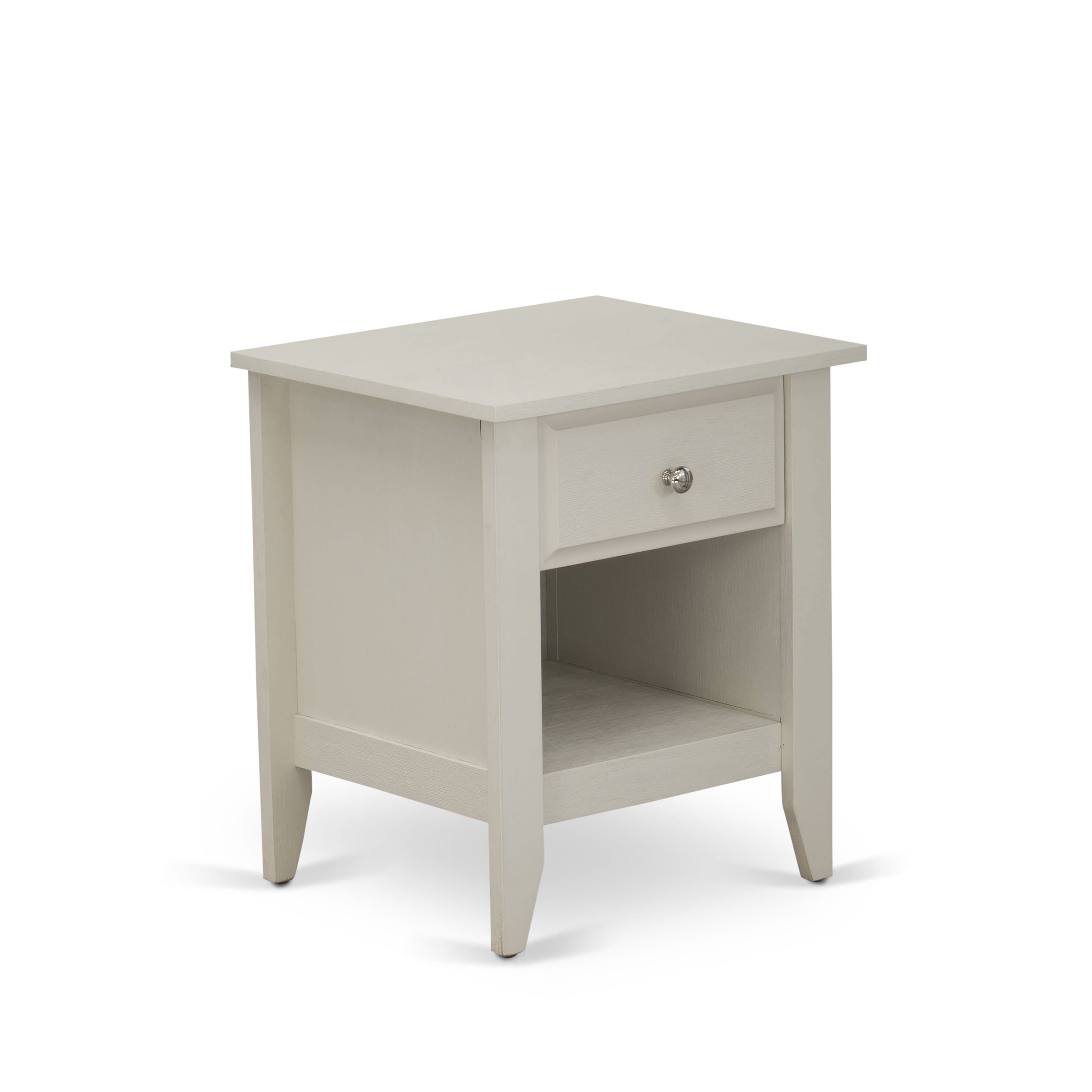 Juego de dormitorio de madera de 2 piezas East West Furniture KD18F-1GA0C: 1 cama de madera con cabecero acolchado de lino marrón y botones, 1 mesita de noche con cajón moderno y patas con acabado negro.
