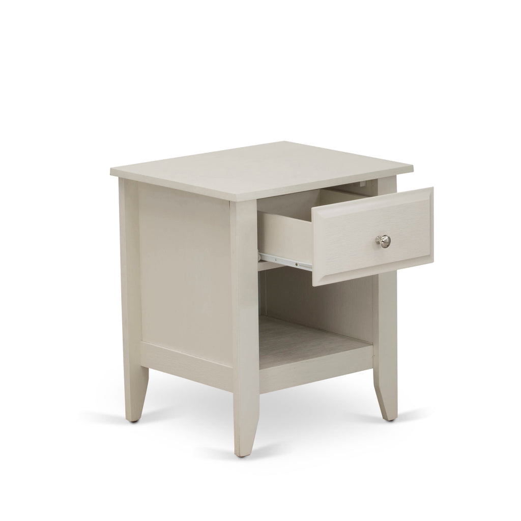 Juego de cama de 2 piezas East West Furniture KD16F-1GA0C tamaño matrimonial: 1 base de cama con plataforma, cabecero acolchado con botones y tela de lino color caqui oscuro, 1 mesita de noche con cajón de madera y patas con acabado negro.