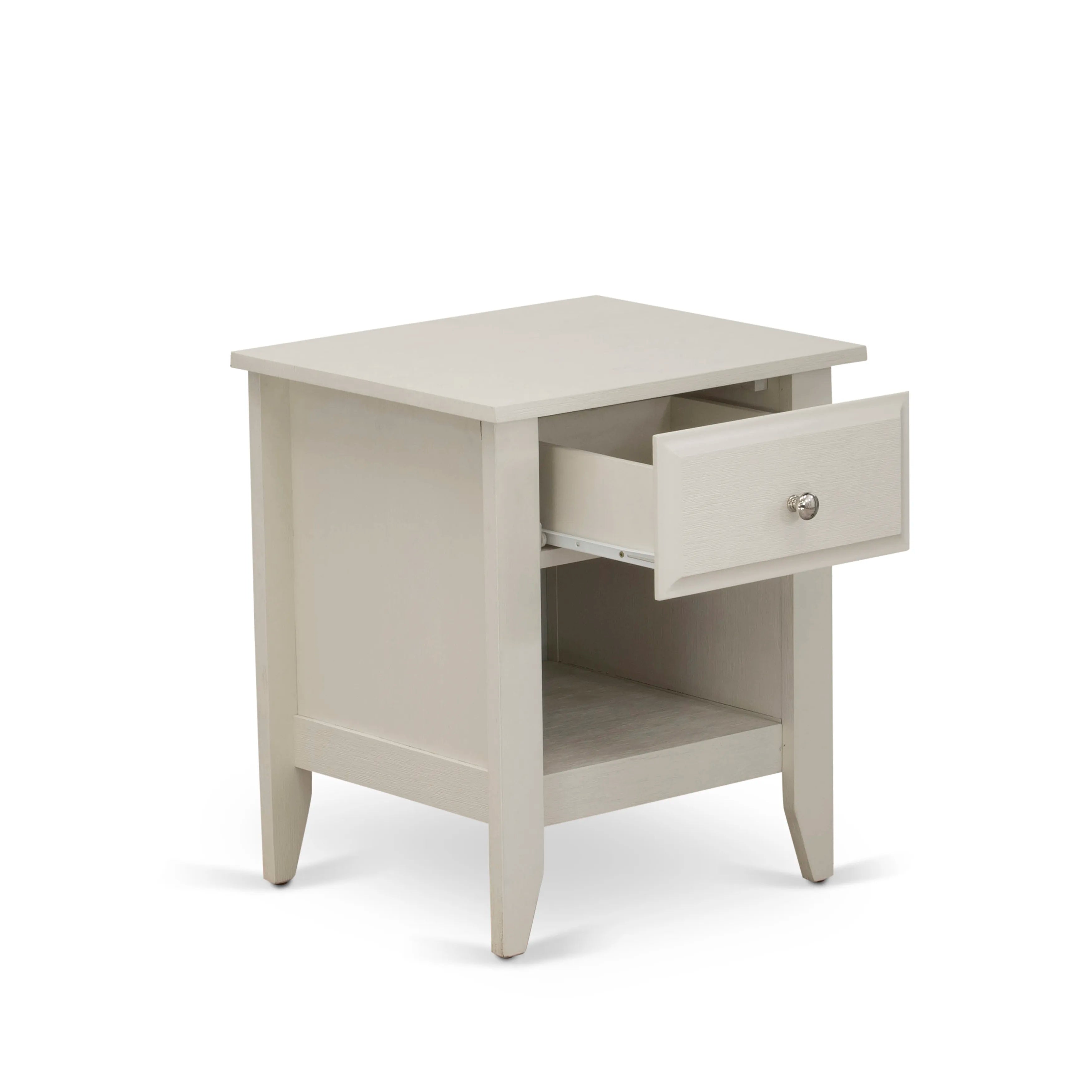East West Furniture NL19Q-2GA0C 3 Piece Queen Bed Set - Button Tufted Bed frame - Linen white Velvet Fabric Upholstered Headboard and a Wire Brushed Butter Cream Finish Nightstand