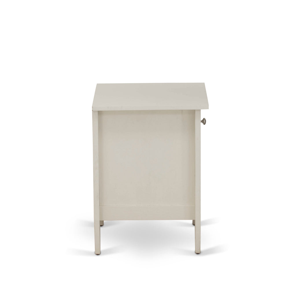 Juego de cama de 2 piezas East West Furniture KD16F-1GA0C tamaño matrimonial: 1 base de cama con plataforma, cabecero acolchado con botones y tela de lino color caqui oscuro, 1 mesita de noche con cajón de madera y patas con acabado negro.
