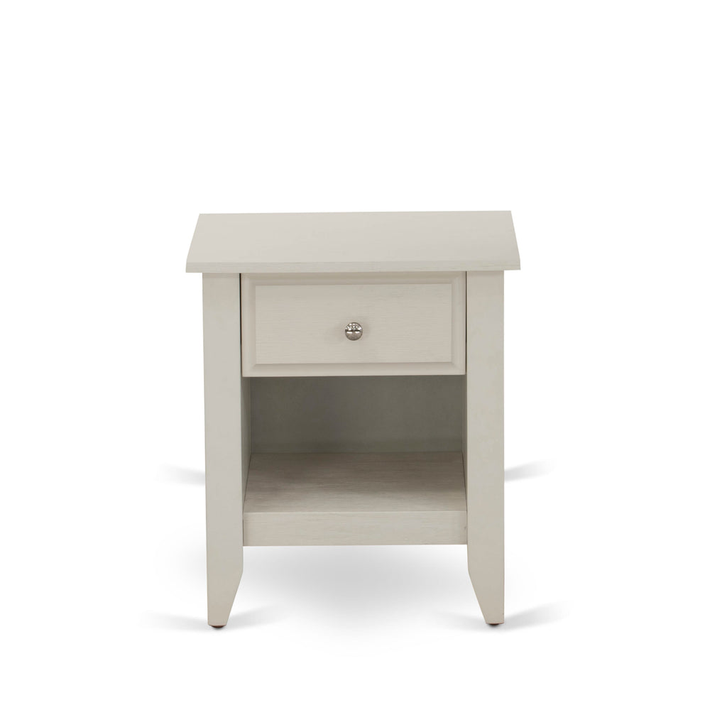 Juego de cama de 2 piezas East West Furniture KD16F-1GA0C tamaño matrimonial: 1 base de cama con plataforma, cabecero acolchado con botones y tela de lino color caqui oscuro, 1 mesita de noche con cajón de madera y patas con acabado negro.