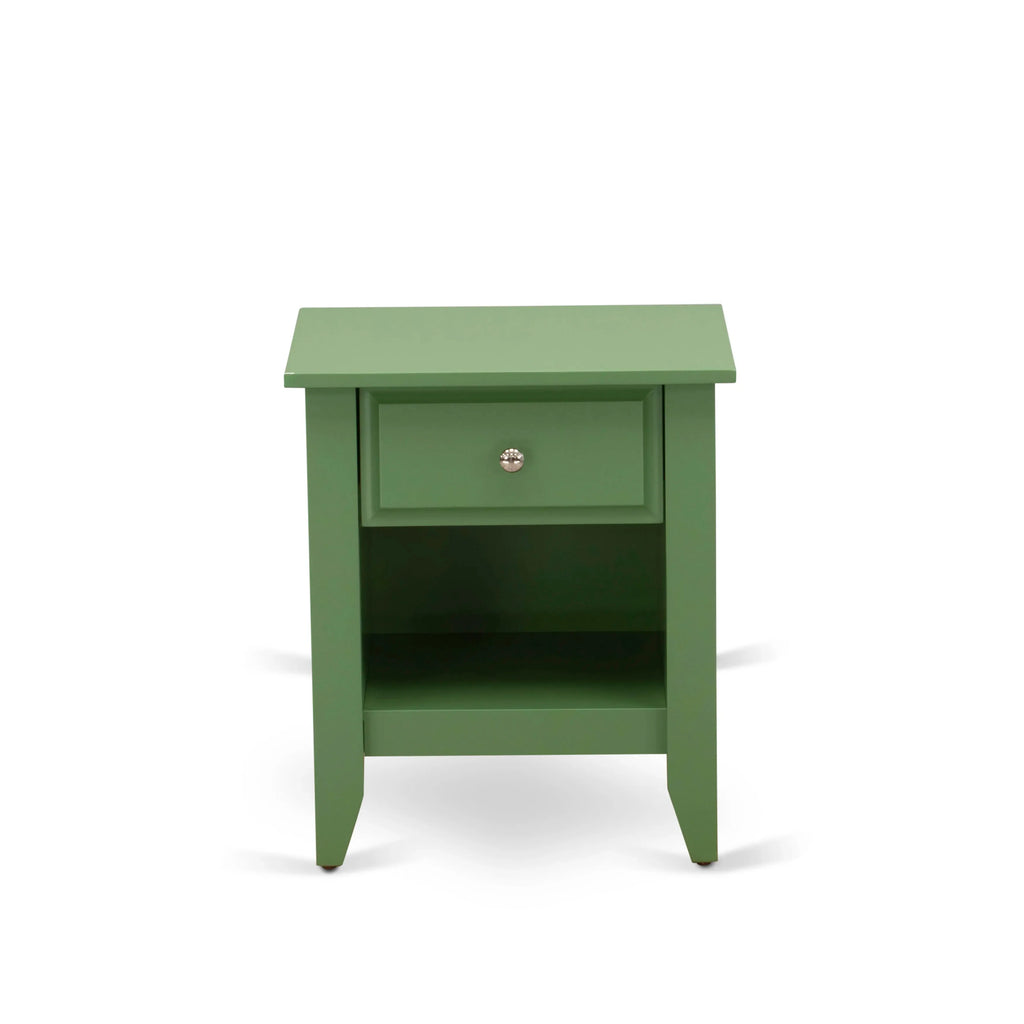 Juego de dormitorio de 2 piezas NL19K-1GA12: Estructura de cama moderna con botones capitoné, cabecera tapizada en terciopelo blanco y mesita de noche con acabado verde trébol.