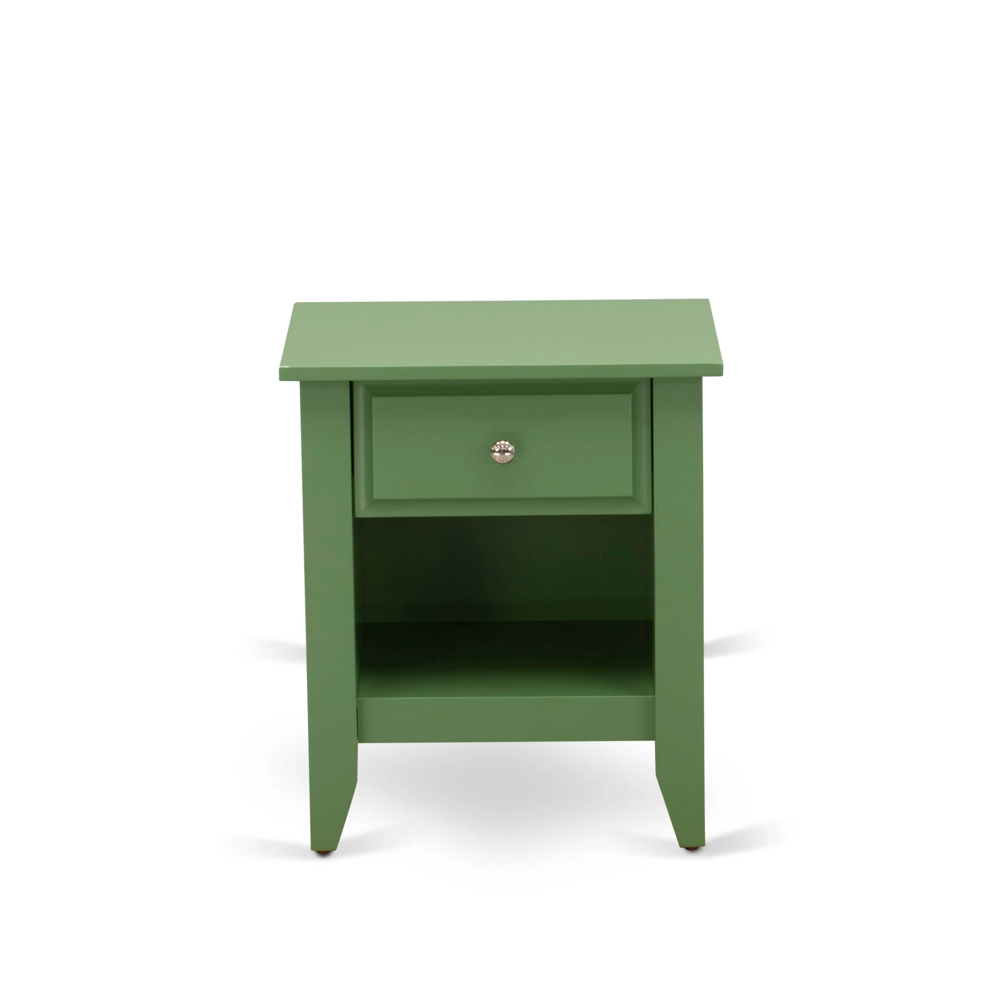 East West Furniture NL19Q-2GA12 3 Piece Queen Size Bedroom Set - Button Tufted Bed Frame - Linen white Velvet Fabric Upholstered Headboard and a Clover Green Finish Nightstand