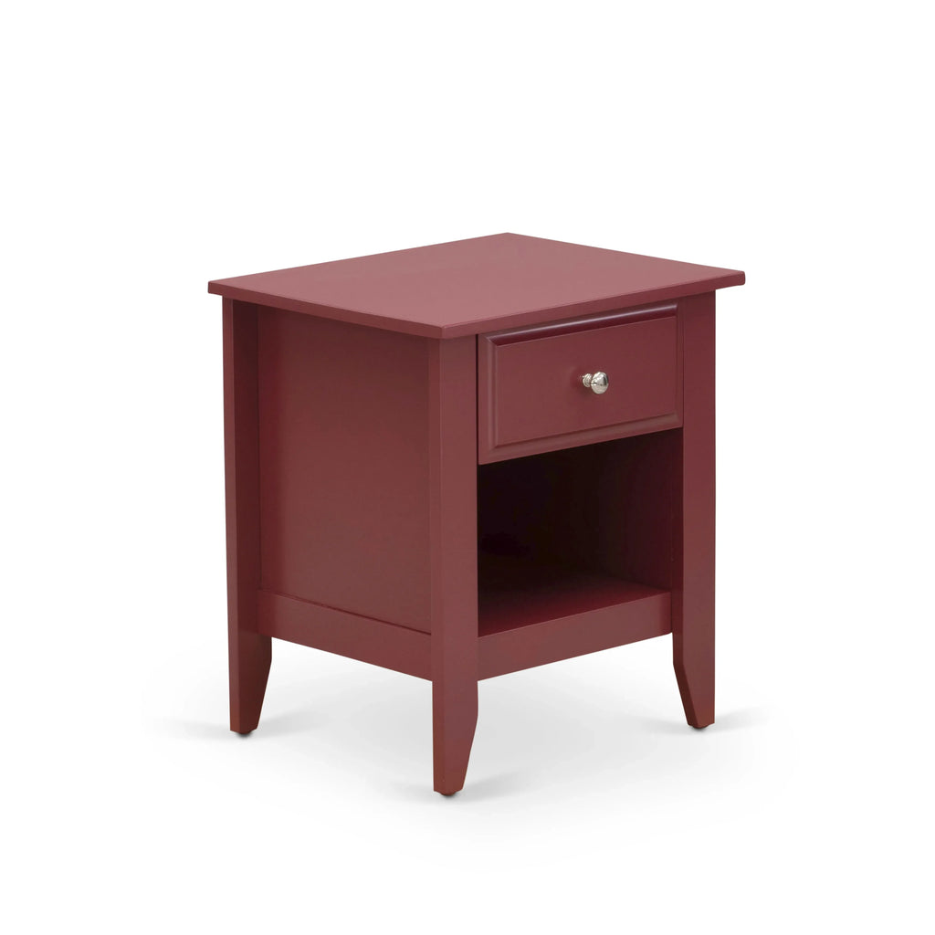 Juego de dormitorio tamaño king de 2 piezas NL19K-1GA13: cama de madera con botones, cabecera tapizada en terciopelo blanco y mesita de noche con acabado burdeos.