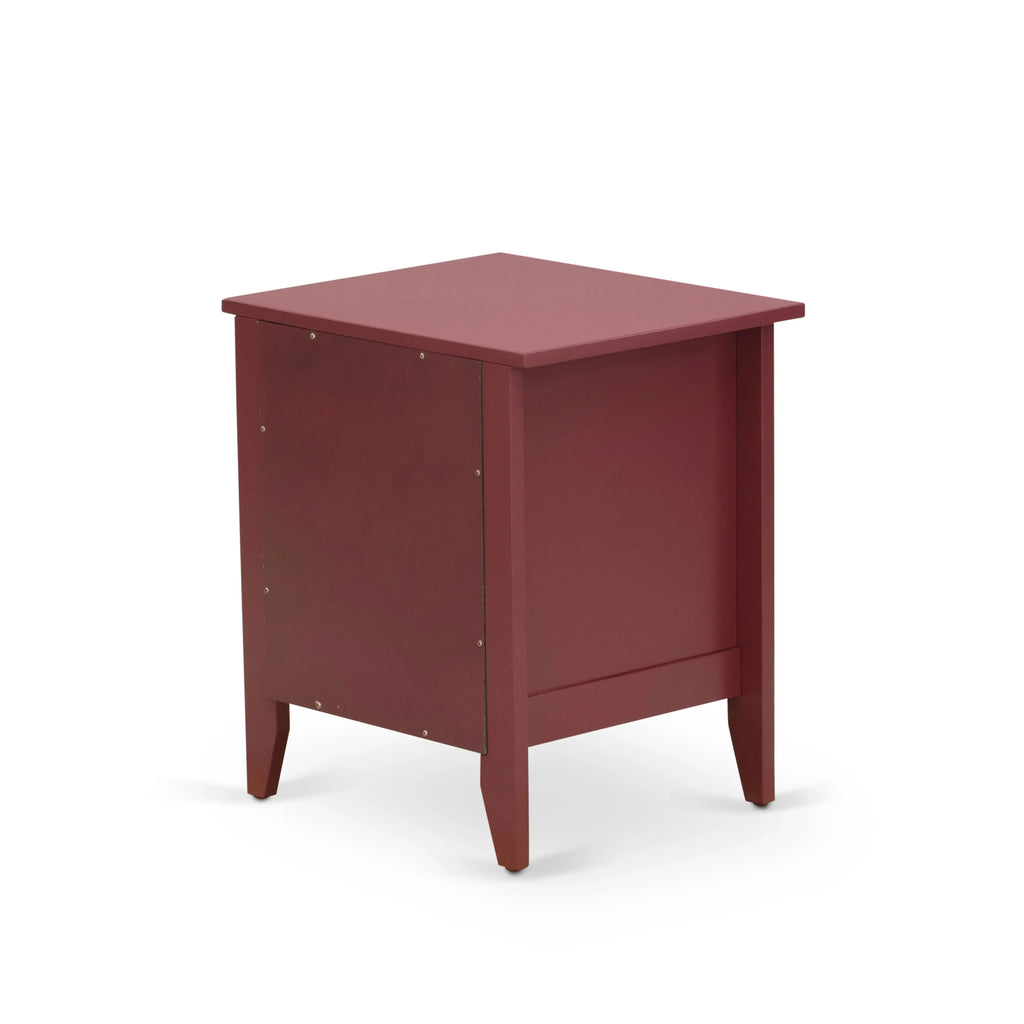 Juego de dormitorio tamaño king de 2 piezas NL19K-1GA13: cama de madera con botones, cabecera tapizada en terciopelo blanco y mesita de noche con acabado burdeos.
