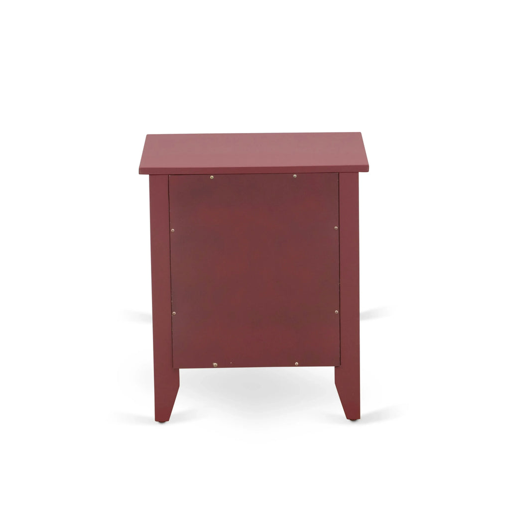 Juego de dormitorio tamaño king de 2 piezas NL19K-1GA13: cama de madera con botones, cabecera tapizada en terciopelo blanco y mesita de noche con acabado burdeos.