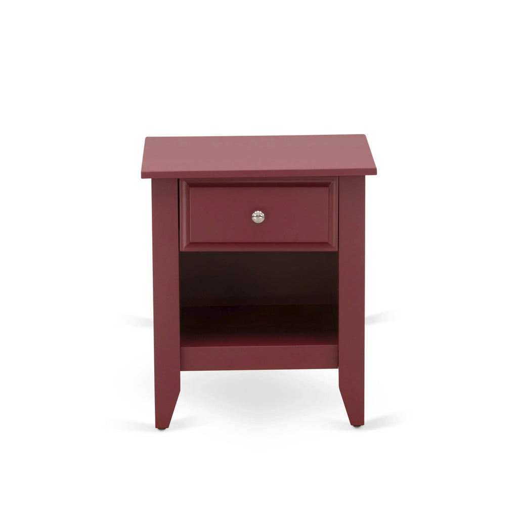 Juego de dormitorio tamaño king de 2 piezas NL19K-1GA13: cama de madera con botones, cabecera tapizada en terciopelo blanco y mesita de noche con acabado burdeos.