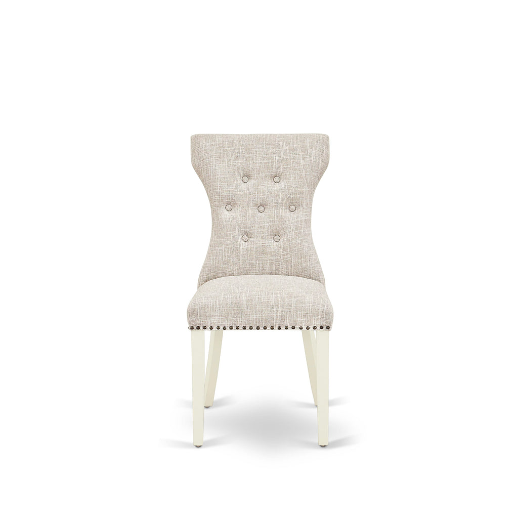 Juego de comedor de 3 piezas East West Furniture NDGA3-LWH-35 para espacios pequeños. Incluye una mesa de comedor rectangular con alas abatibles y dos sillas tapizadas en tela de lino y piel de venado.