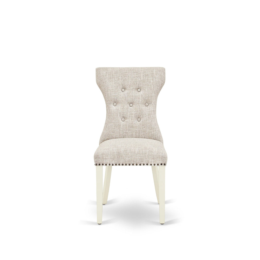 East West Furniture AMGA3-LWH-35 3 Piece Kitchen Table Set Contains a Round Dining Table with Pedestal and 2 Doeskin Linen Fabric Parson Dining Room Chairs