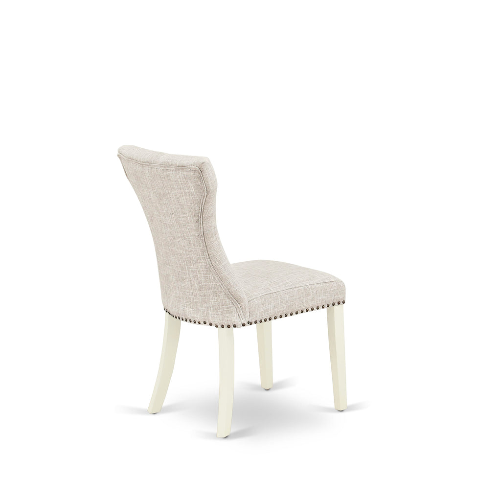 Juego de comedor de 3 piezas East West Furniture NDGA3-LWH-35 para espacios pequeños. Incluye una mesa de comedor rectangular con alas abatibles y dos sillas tapizadas en tela de lino y piel de venado.