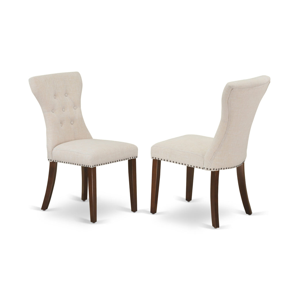 East West Furniture NDGA3-MAH-32 3 Piece Modern Dining Table Set Contains a Rectangle Wooden Table with Dropleaf and 2 Light Beige Linen Fabric Parsons Dining Chairs