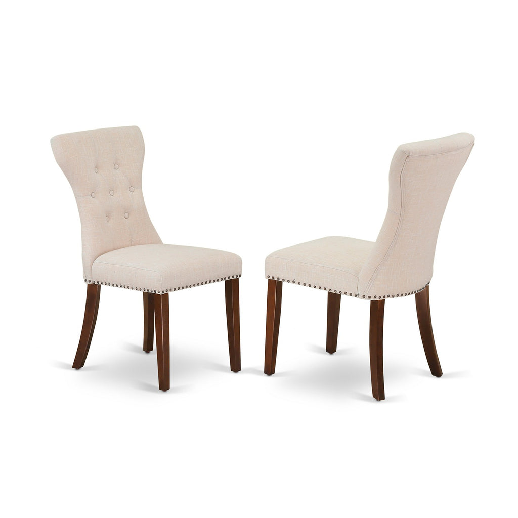 East West Furniture DLGA3-MAH-32 3 Piece Modern Dining Table Set Contains a Round Wooden Table with Dropleaf and 2 Light Beige Linen Fabric Parsons Dining Chairs