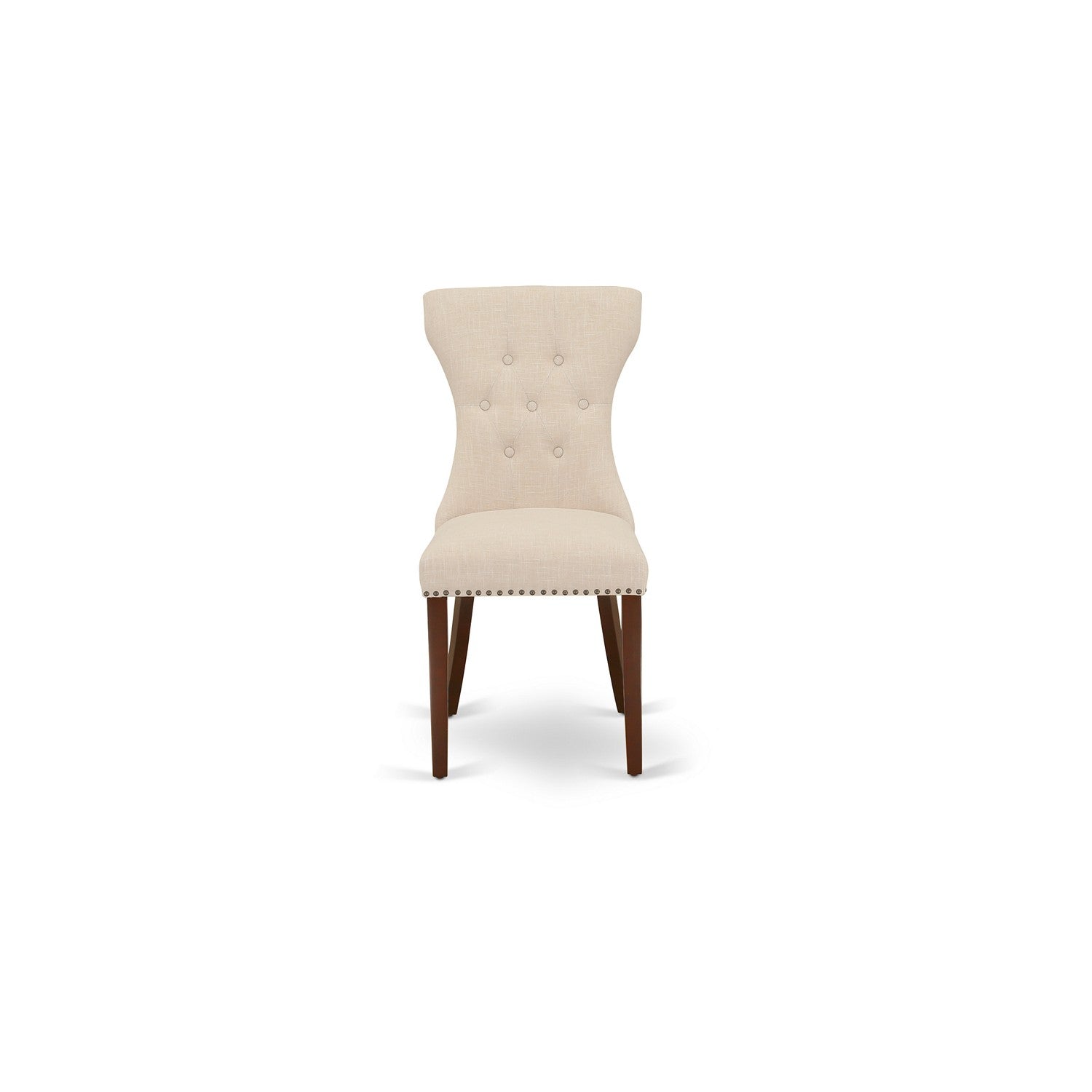 El juego de mesa y sillas de cocina East West Furniture PSGA5-MAH-32 de 5 piezas incluye una mesa de comedor rectangular con hojas de mariposa y 4 sillas Parson de tela de lino beige claro.