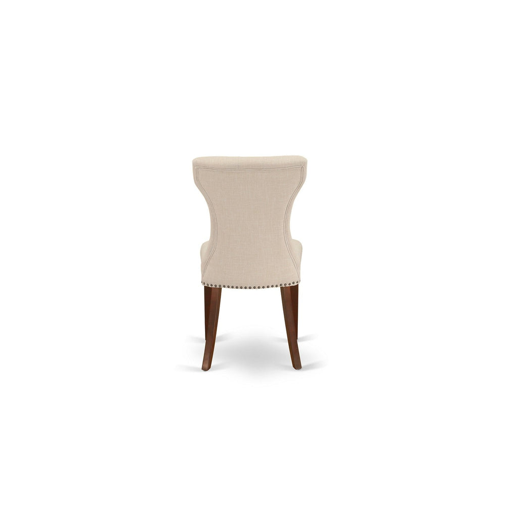 Juego de mesa de comedor de 3 piezas East West Furniture ESGA3-MAH-32 para espacios pequeños. Contiene una mesa redonda de madera con pedestal y 2 sillas Parson de tela de lino beige claro.