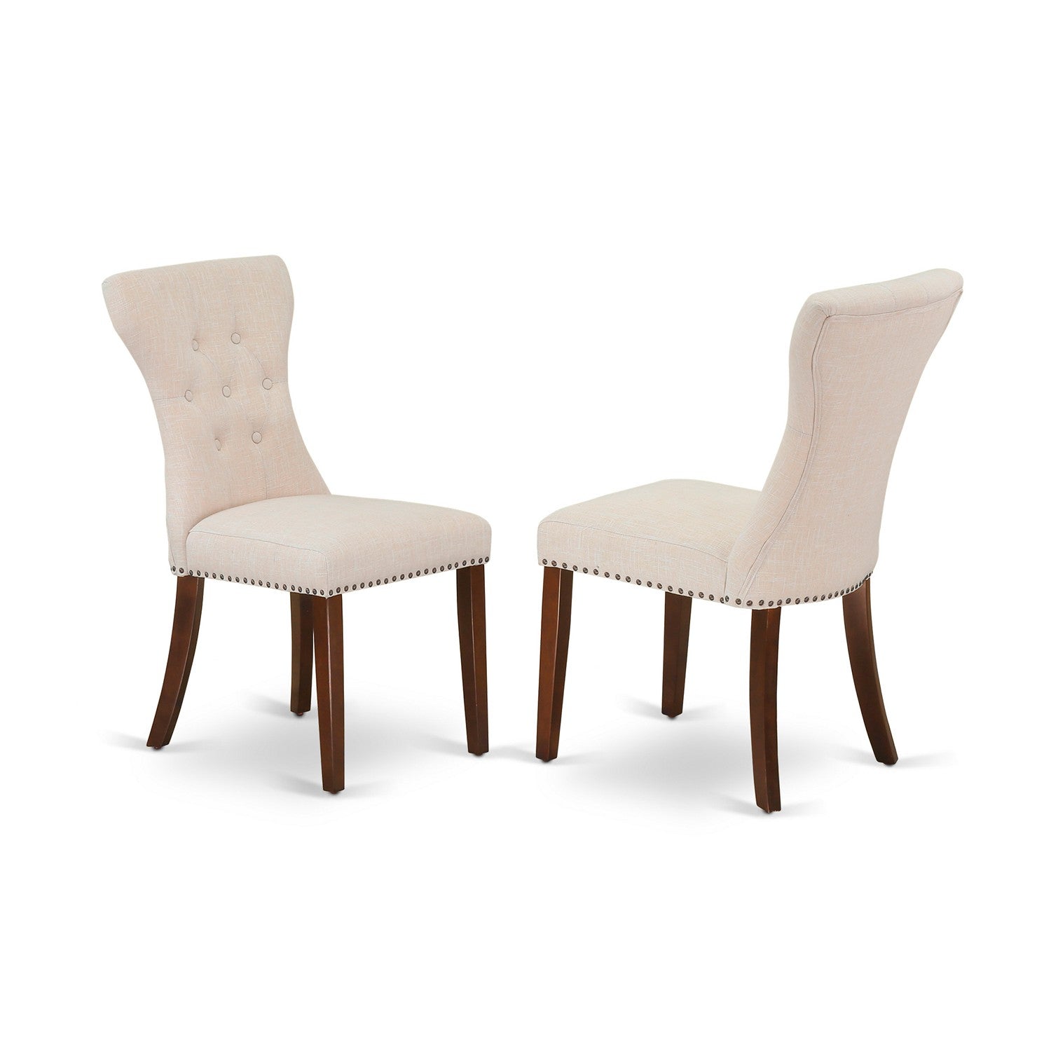 East West Furniture DMGA3-MAH-32 3 Piece Modern Dining Table Set - Mahogany Dinning Table and 2 Light Tan Linen Fabric Upholstered Dining Chairs Button Tufted Back with Nail Heads - Mahogany Finish