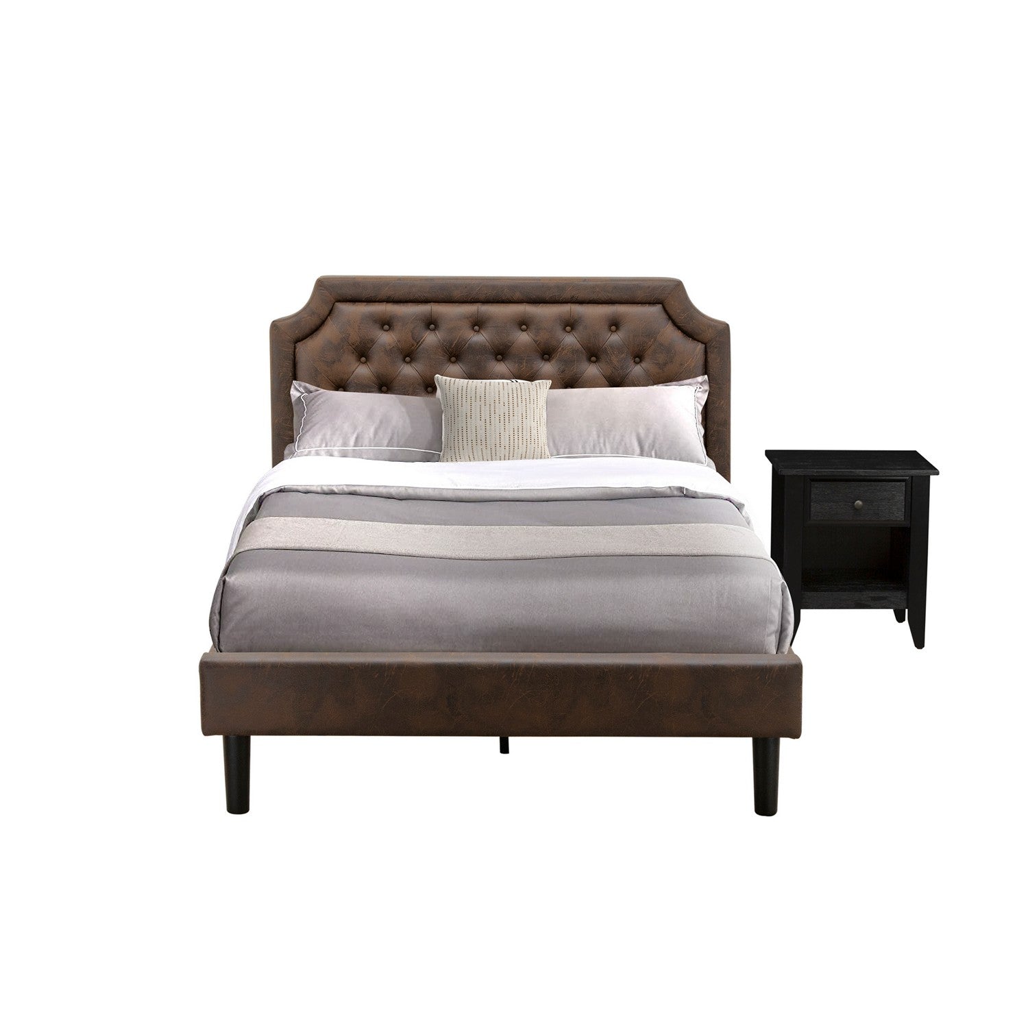 East West Furniture GB25F-1GA06 2-Piece Platform Bed Set with Button Tufted Full Bed and a Wire Brushed Black Night Stands - Dark Brown faux Leather with Black Texture and Black Legs