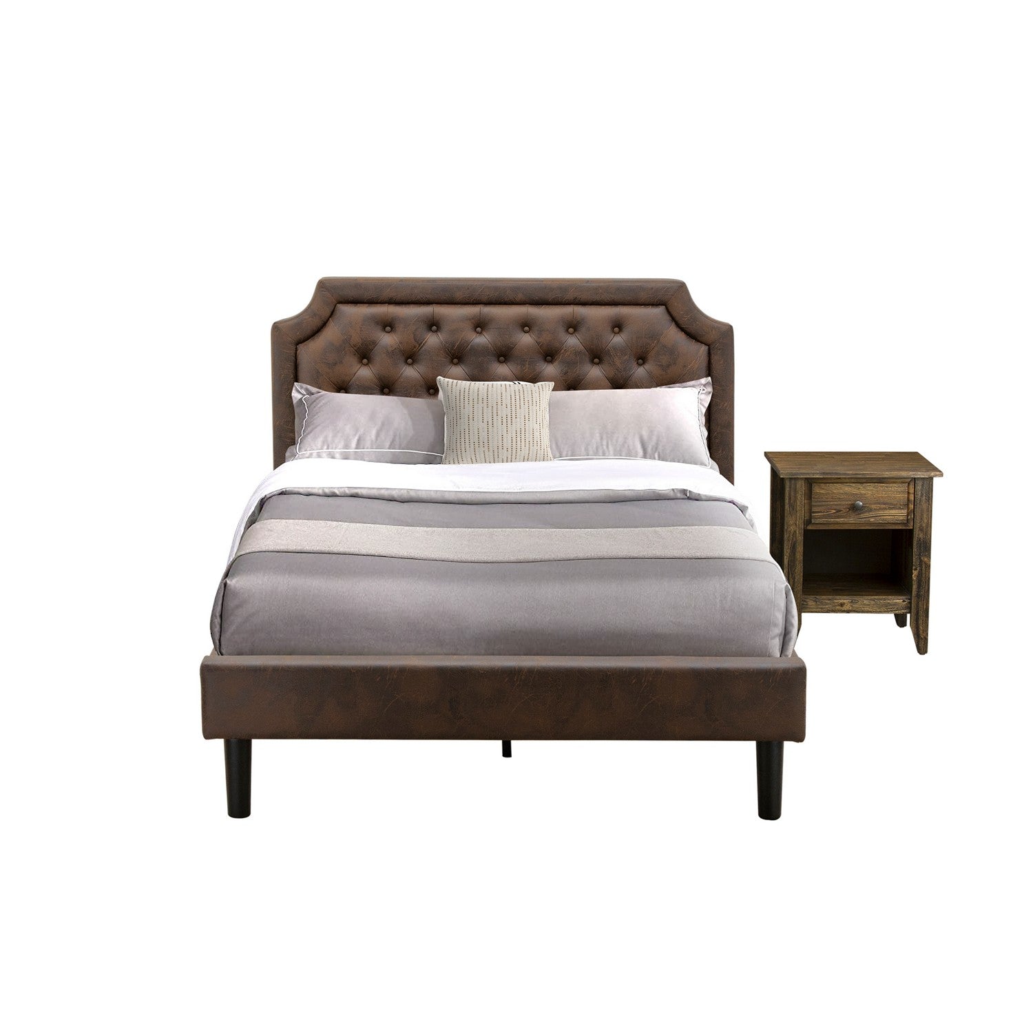East West Furniture GB25F-1GA07 2-Piece Granbury Bedroom Set with Button Tufted Full Bed Frame and a Distressed Jacobean End Tables - Dark Brown faux Leather with Black Texture and Black Legs