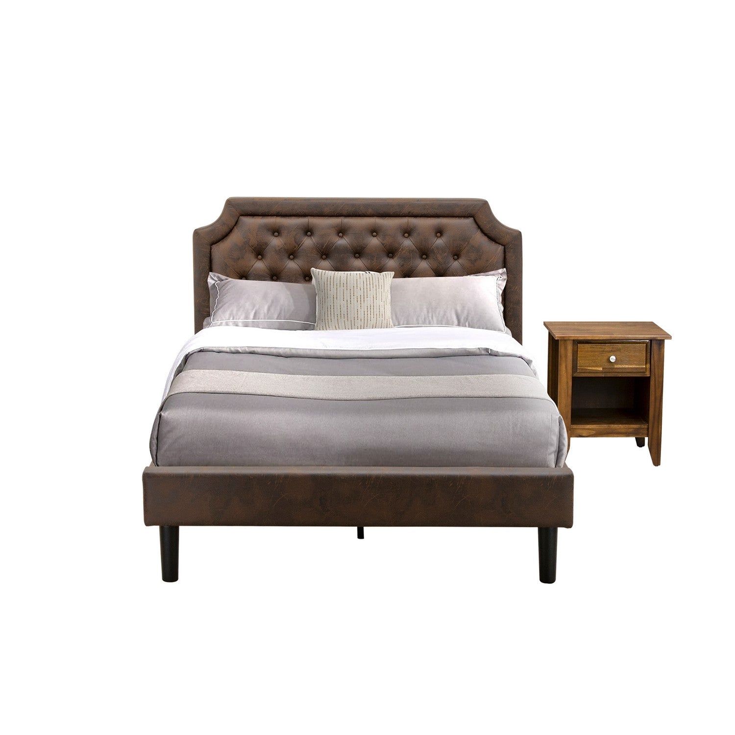 East West Furniture GB25F-1GA08 2-Piece Granbury Full Size Bed Set with Button Tufted Platform Bed and an Antique Walnut Night Stand - Dark Brown faux Leather with Black Texture and Black Legs