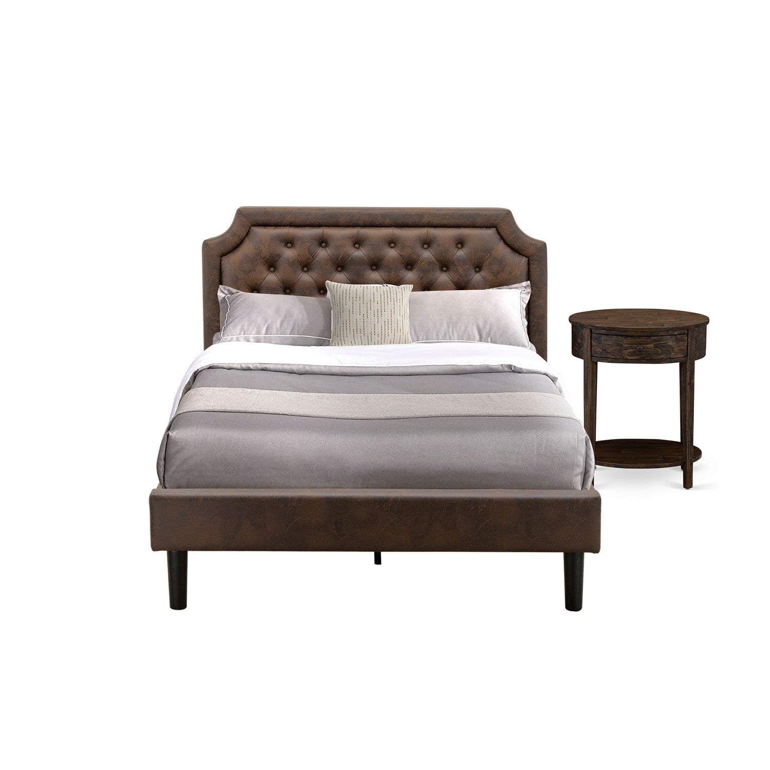 East West Furniture GB25F-1HI07 2-Piece Platform Full Size Bed Set with Button Tufted Upholstered Bed and a Distressed Jacobean Night Stand - Dark Brown faux Leather with Black Texture and Black Legs