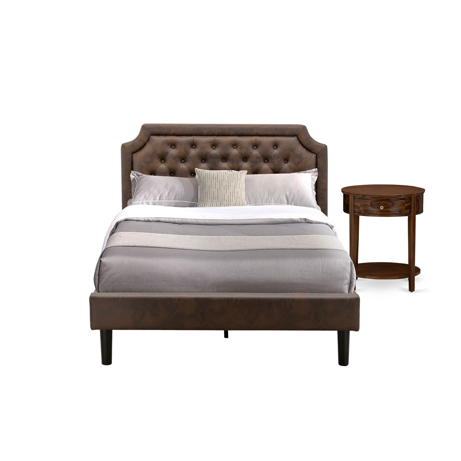 East West Furniture GB25F-1HI08 2-Piece Platform Bed Set with Button Tufted Full Size Bed Frame and an Antique Walnut Night Stand - Dark Brown faux Leather with Black Texture and Black Legs
