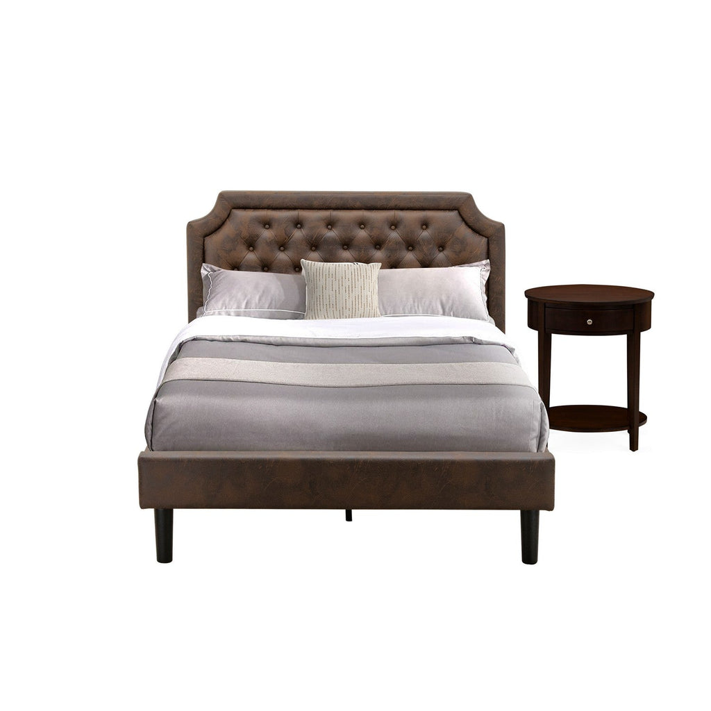 East West Furniture GB25F-1HI0M 2-Piece Platform Bedroom Set with Button Tufted Full Size Bed Frame and an Antique Mahogany End Table - Dark Brown faux Leather with Black Texture and Black Legs