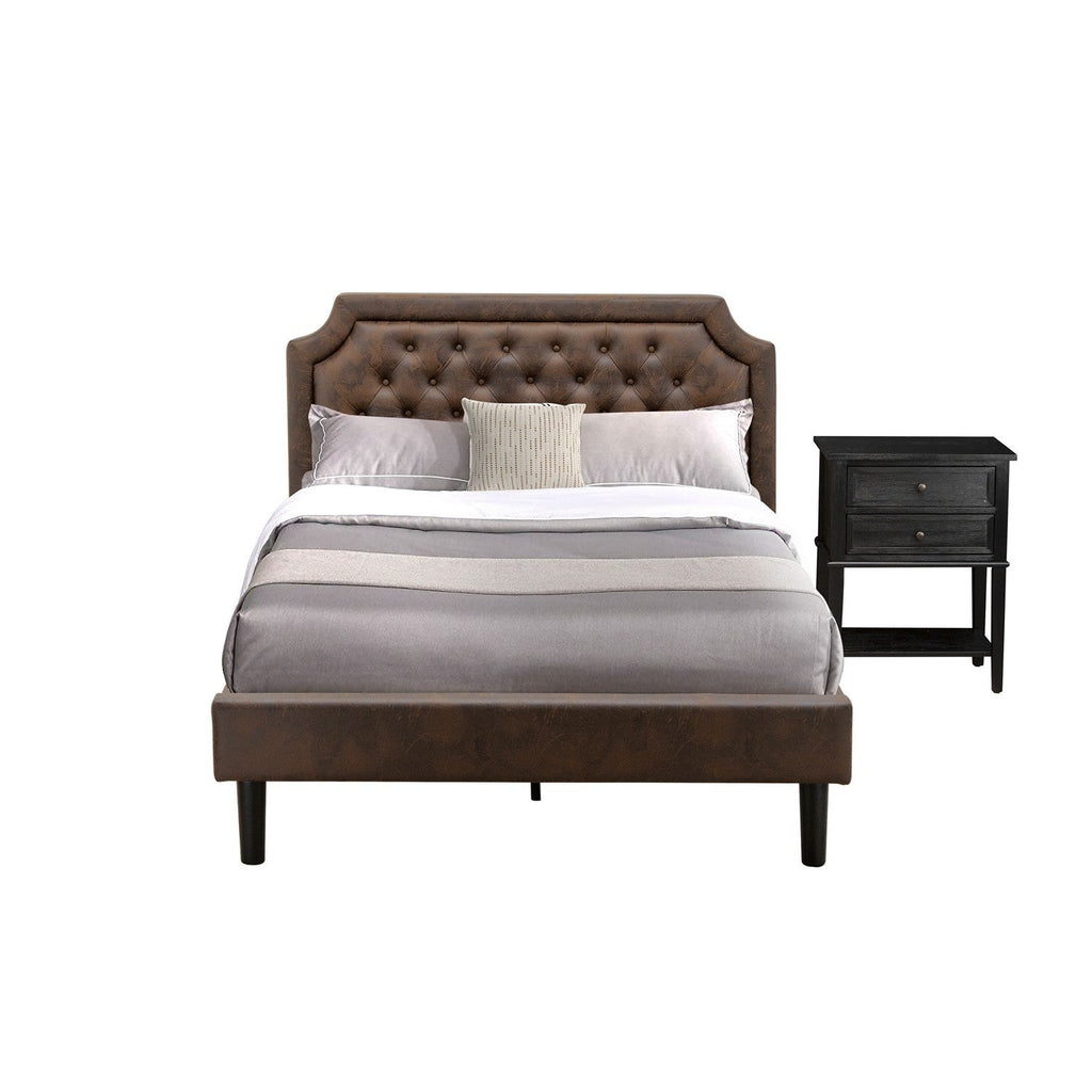 East West Furniture GB25F-1VL06 - Juego de dormitorio de 2 piezas con plataforma de madera, incluye una cama matrimonial y una mesita de noche negra con acabado cepillado. Piel sintética marrón oscuro con textura negra y patas negras.