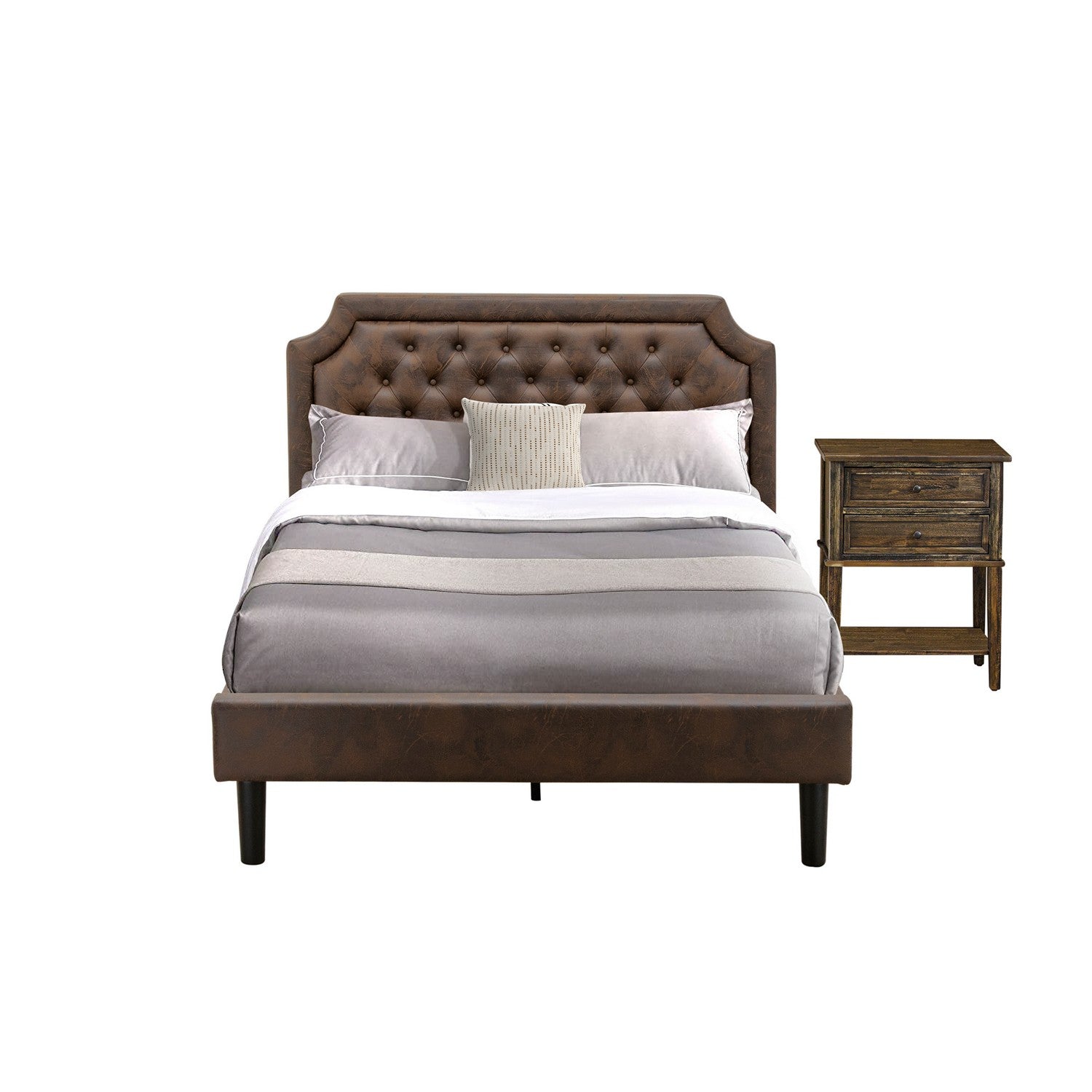 East West Furniture GB25F-1VL07 2-Piece Full Bedroom Furniture Set with Button Tufted Platform Bed and 1 Distressed Jacobean Night Stand - Dark Brown faux Leather with Black Texture and Black Legs