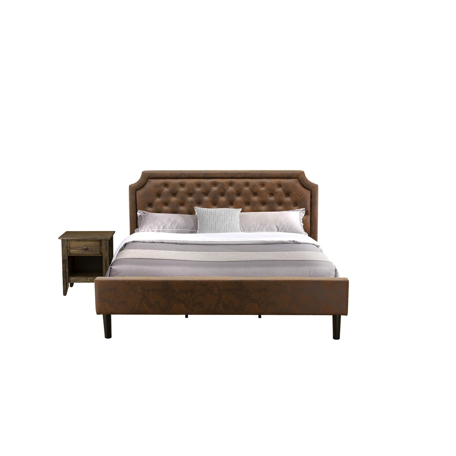 Juego de dormitorio East West Furniture GB25K-1GA07 de 2 piezas con cama King tapizada con botones y mesita de noche con estilo jacobino envejecido. Piel sintética marrón oscuro con textura negra y patas negras.