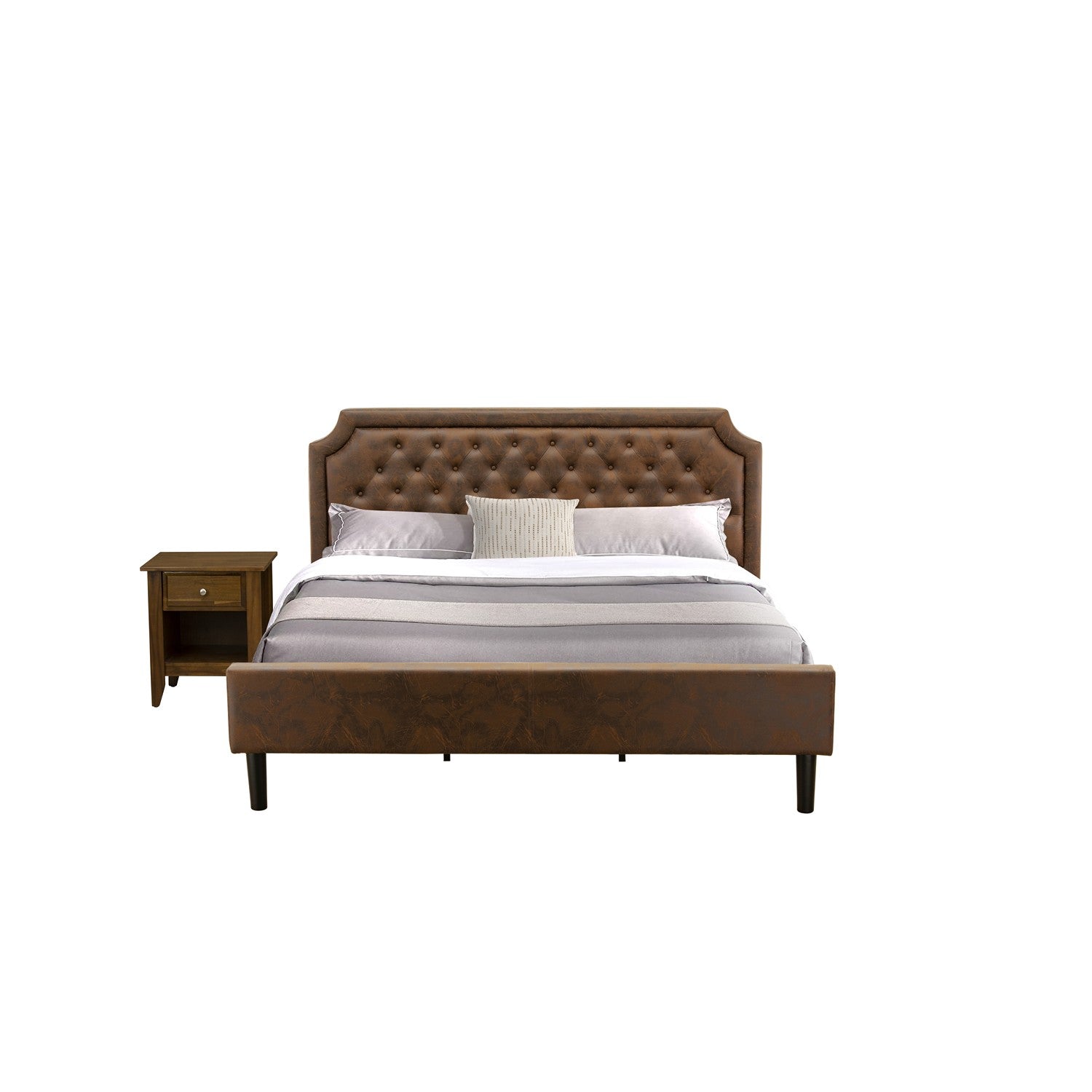 East West Furniture GB25K-1GA08 2-Pc Platform King Size Bed Set with Button Tufted Modern Bed and 1 Antique Walnut Night Stand for Bedrooms - Dark Brown faux Leather with Black Texture and Black Legs