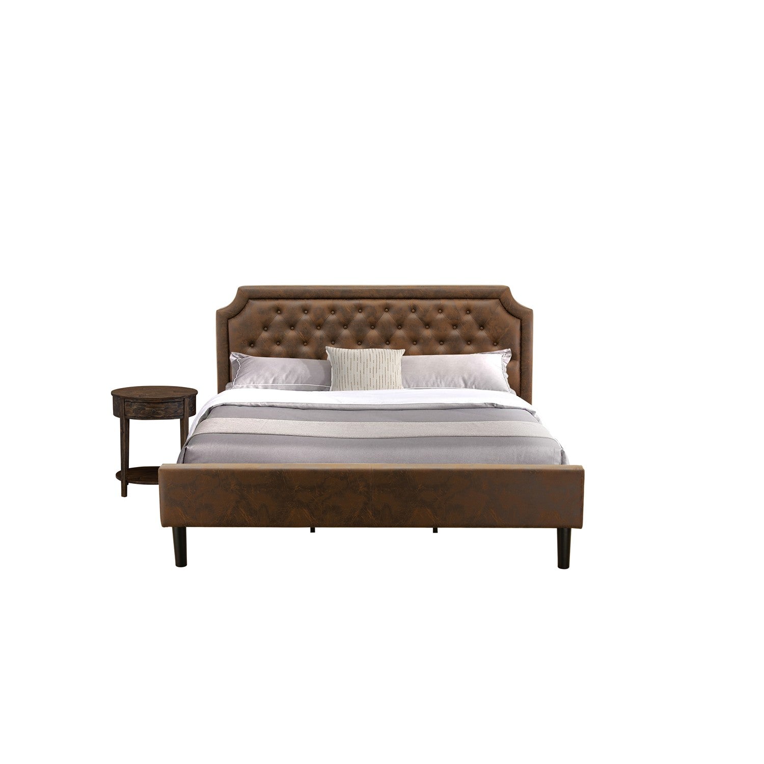 Juego de cama de dos piezas tamaño king East West Furniture GB25K-1HI07 con estructura capitoné y mesa auxiliar de estilo jacobino envejecido para dormitorio. Piel sintética marrón oscuro con textura negra y patas negras.