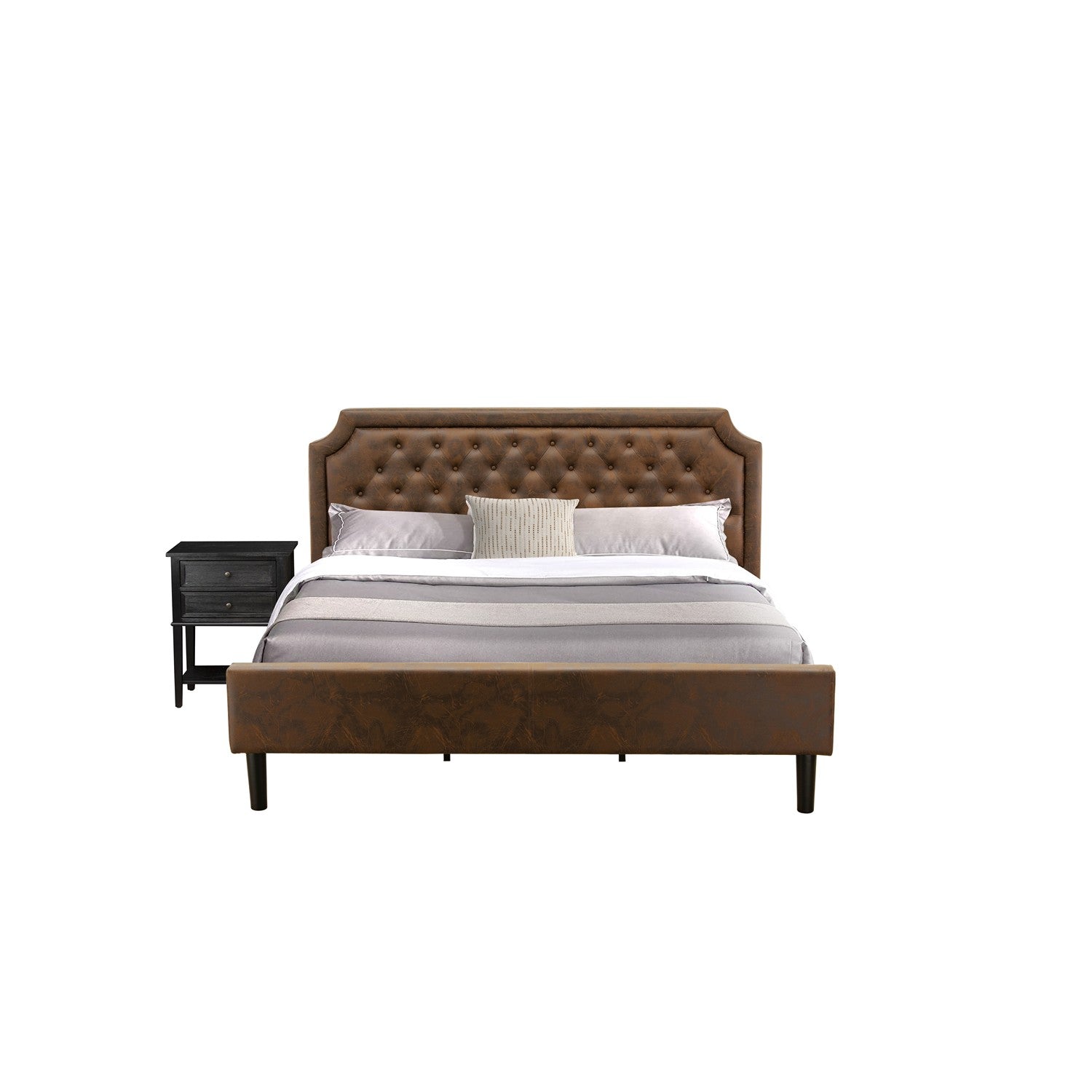 Juego de dormitorio East West Furniture GB25K-1VL06 de 2 piezas Granbury King con cama King y mesa auxiliar negra cepillada con alambre - Cuero sintético marrón oscuro con textura negra y patas negras