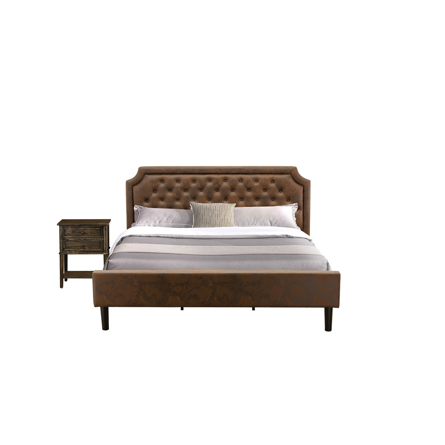 Juego de dormitorio East West Furniture GB25K-1VL07 de 2 piezas con plataforma King, estructura de cama y mesa auxiliar con diseño jacobino envejecido, piel sintética marrón oscuro con textura negra y patas negras.