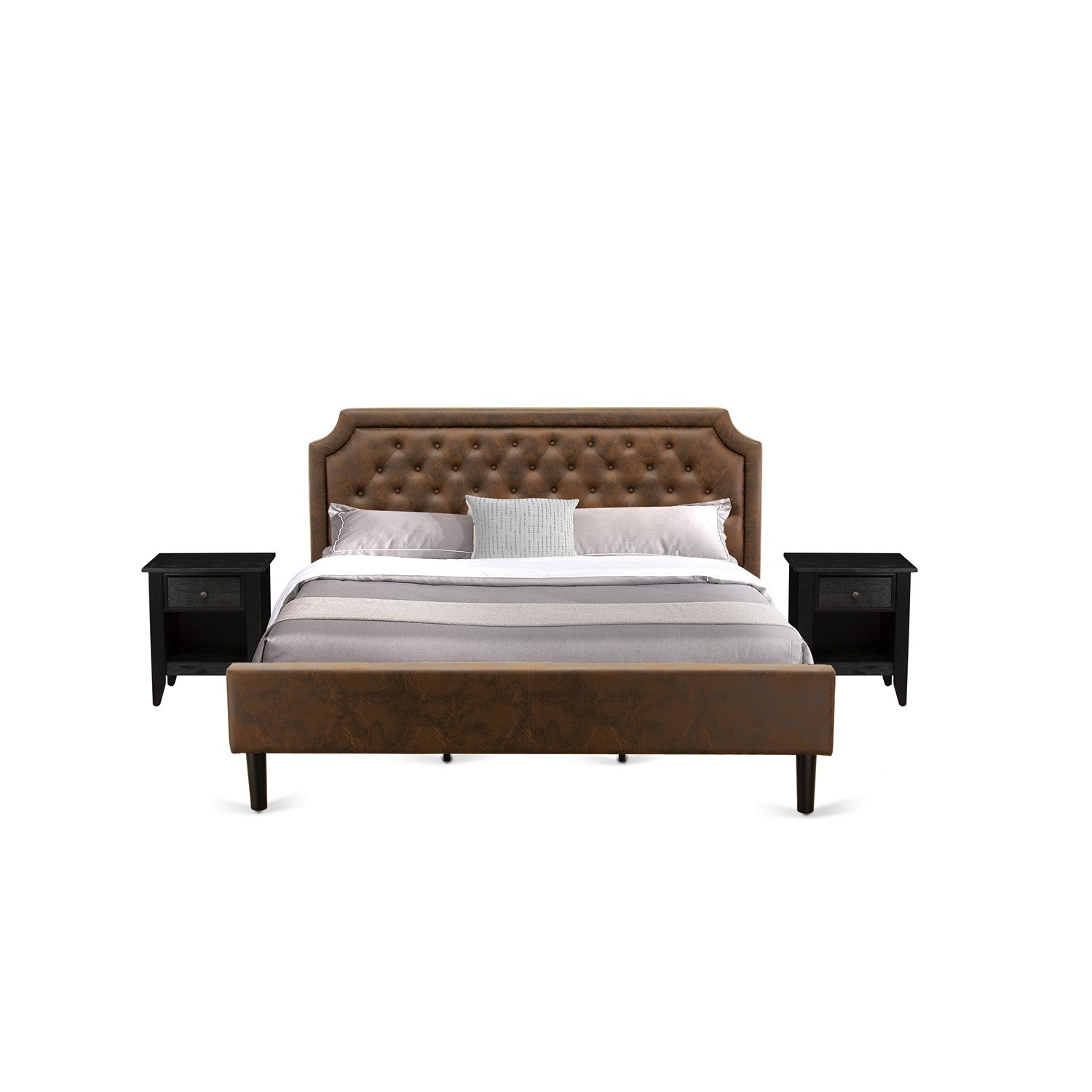 Juego de dormitorio East West Furniture GB25K-2GA06 de 3 piezas tamaño king con estructura capitoné y dos mesas auxiliares negras cepilladas con alambre. Piel sintética marrón oscuro con textura negra y patas negras.