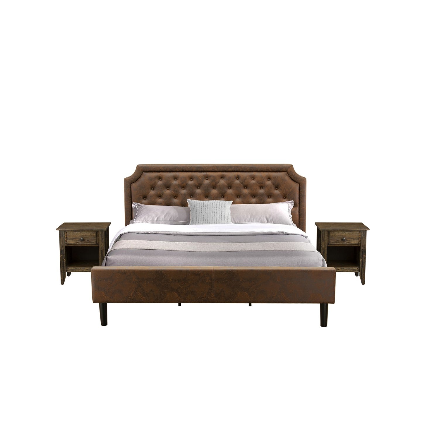 Juego de dormitorio East West Furniture GB25K-2GA07 de 3 piezas con plataforma, cama king size con botones y dos mesas auxiliares jacobeas envejecidas, piel sintética marrón oscuro con textura negra y patas negras.
