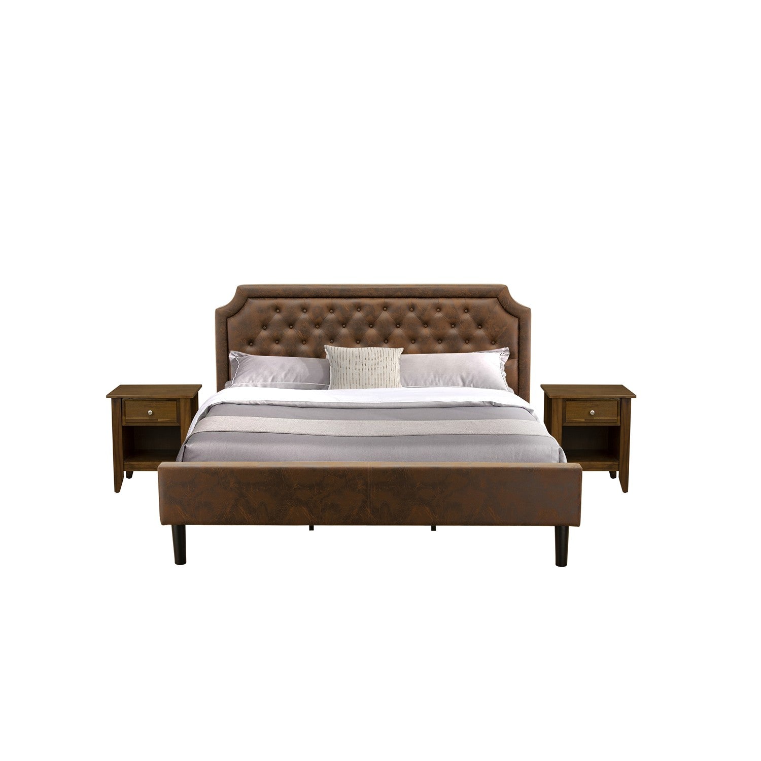 Juego de dormitorio de 3 piezas East West Furniture GB25K-2GA08 con cama king size con botones y dos mesitas de noche de estilo moderno de mediados de siglo en nogal antiguo. Piel sintética marrón oscuro con textura negra y patas negras.