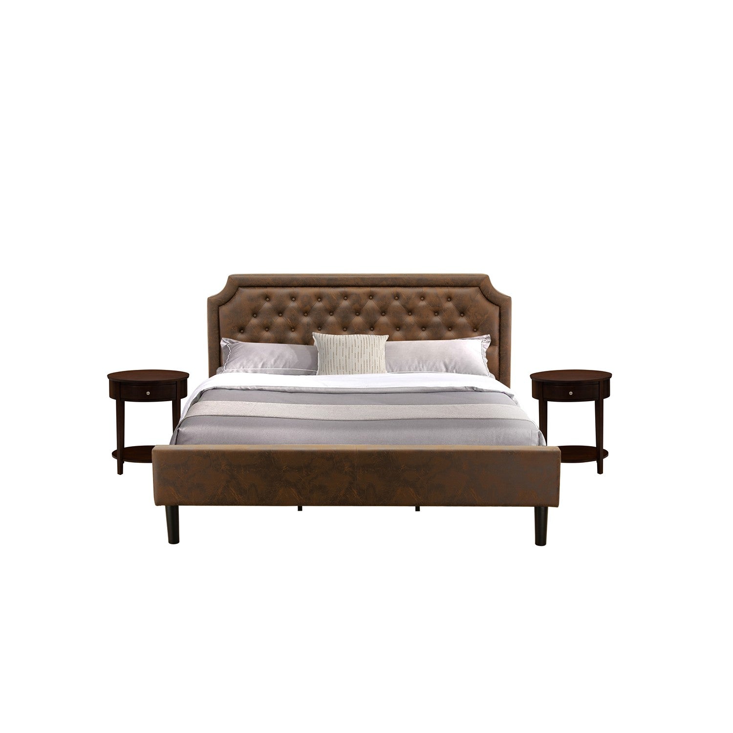 East West Furniture GB25K-2HI0M 3-Piece Granbury Bed Set with Button Tufted Mid Century Bed and 2 Antique Mahogany End Tables for bedroom - Dark Brown faux Leather with Black Texture and Black Legs