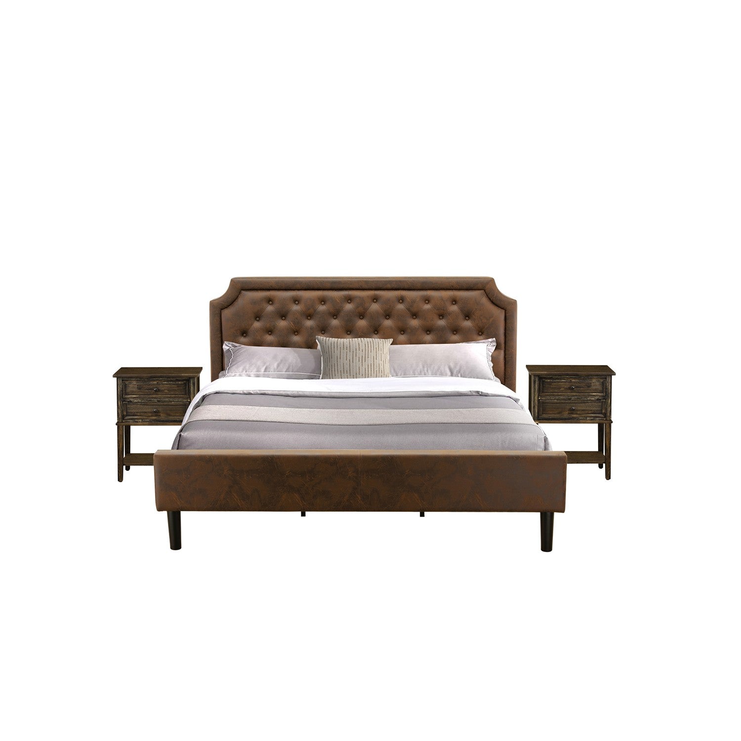 Juego de dormitorio East West Furniture GB25K-2VL07 de 3 piezas Granbury tamaño king con cama de plataforma y 2 mesitas de noche de estilo jacobino envejecido - Cuero sintético marrón oscuro con textura negra y patas negras