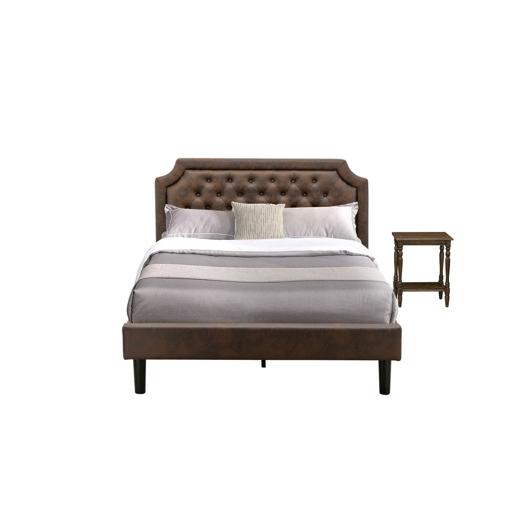 Juego de cama Granbury de 2 piezas East West Furniture GB25Q-1BF07 con cama tamaño queen con capitoné y mesita de noche moderna de estilo jacobino envejecido. Piel sintética marrón oscuro con textura negra y patas negras.