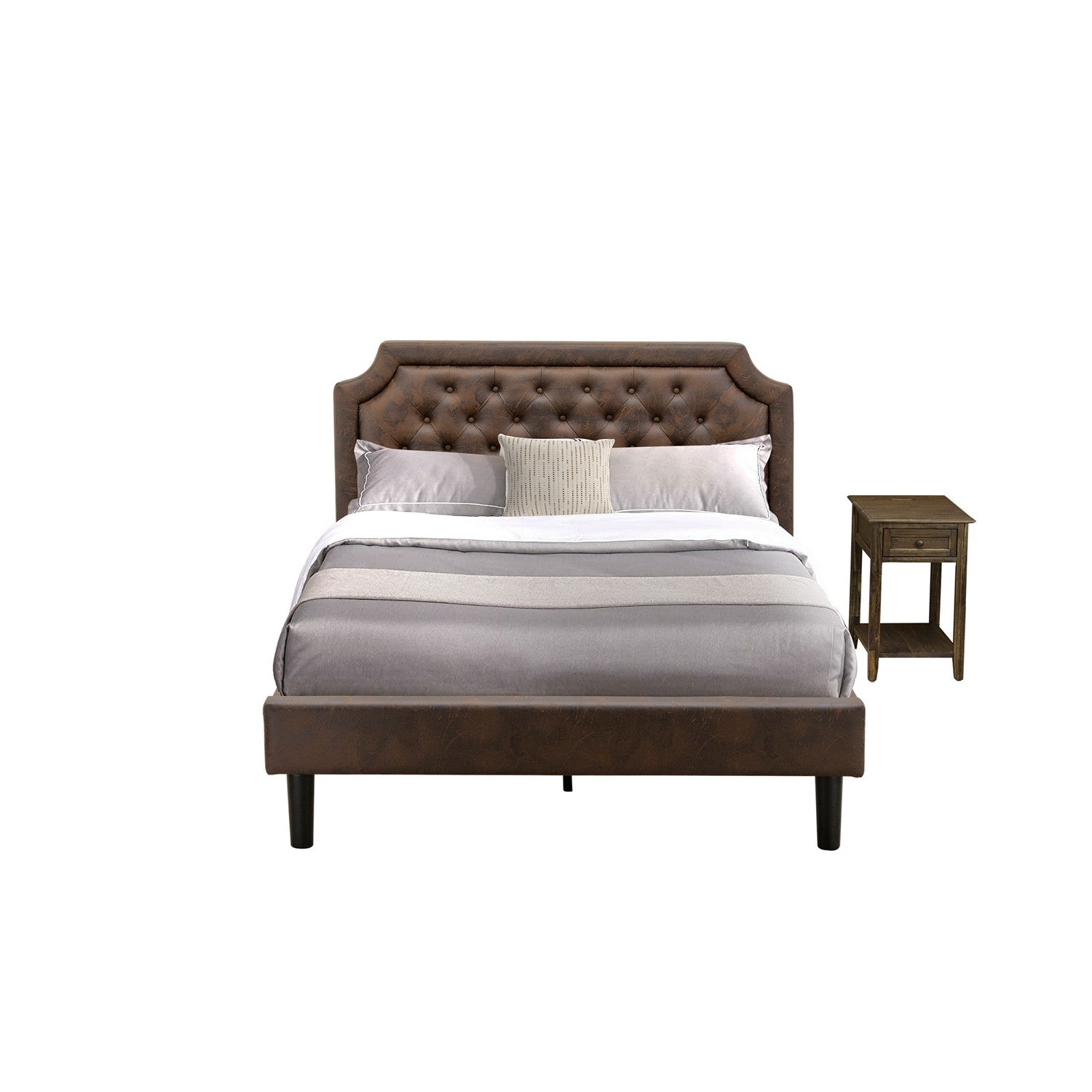 East West Furniture GB25Q-1DE07 2-Piece Queen Bed Set Furniture with Button Tufted Platform Bed and 1 Distressed Jacobean Bedroom Nightstand - Dark Brown faux Leather with Black Texture and Black Legs