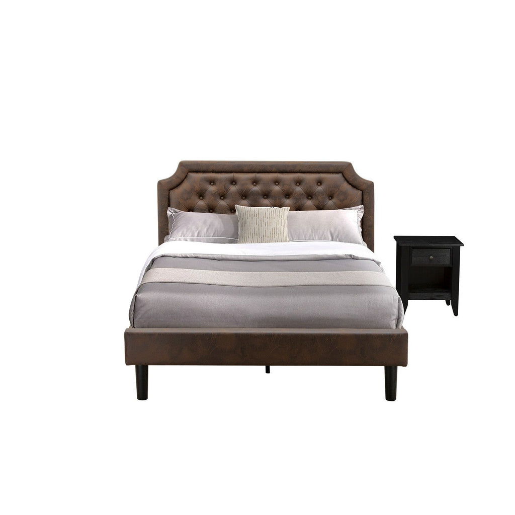 Juego de cama de dos piezas East West Furniture GB25Q-1GA06 con plataforma, estructura de cama tamaño queen con botones y mesita de noche pequeña negra cepillada. Piel sintética marrón oscuro con textura negra y patas negras.