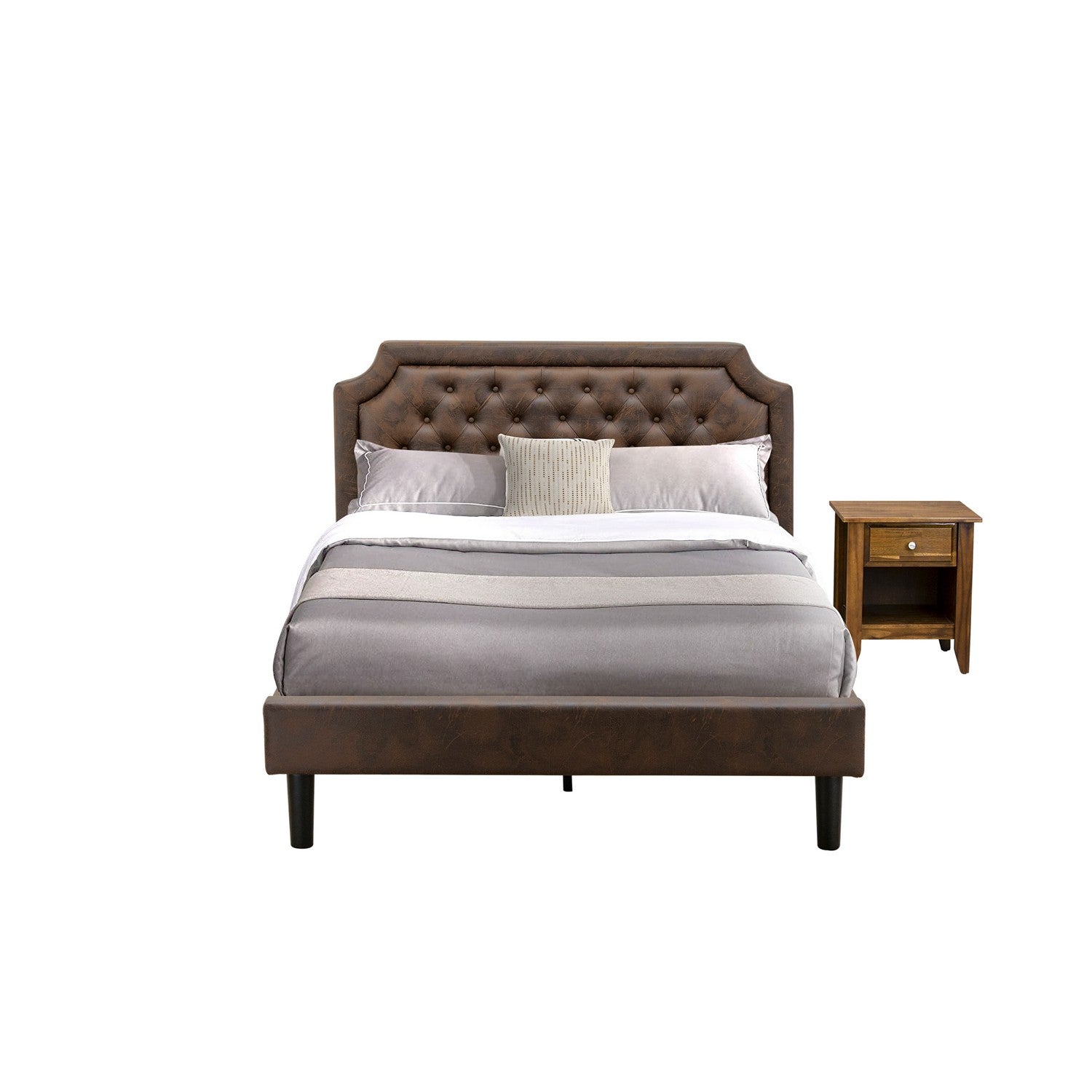 East West Furniture GB25Q-1GA08 2-Pc Bed Set with Button Tufted Queen Size Bed and 1 Antique Walnut Mid Century Modern Nightstand - Dark Brown faux Leather with Black Texture and Black Legs
