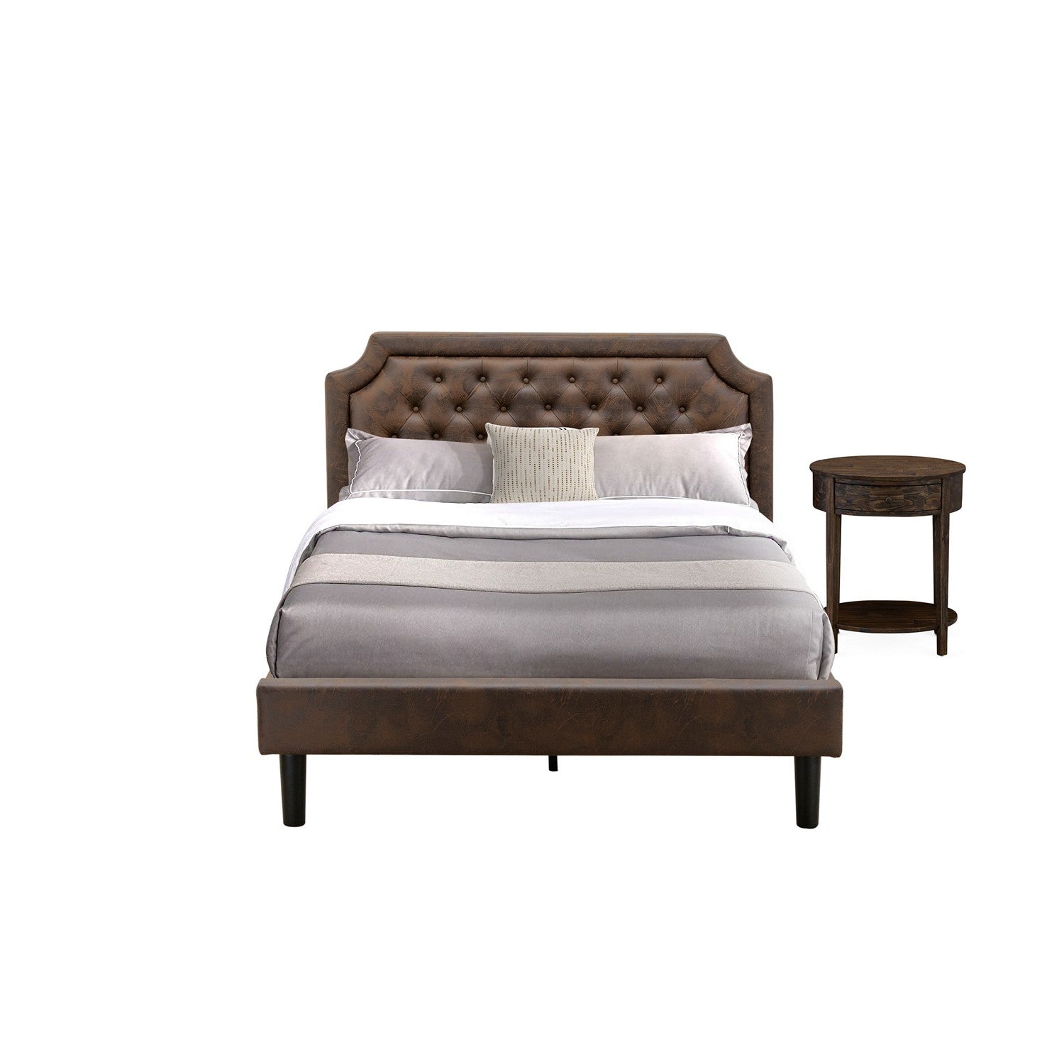 East West Furniture GB25Q-1HI07 2-Piece Platform Bedroom Set with Button Tufted Queen Frame and 1 Distressed Jacobean End Table for bedroom - Dark Brown faux Leather with Black Texture and Black Legs