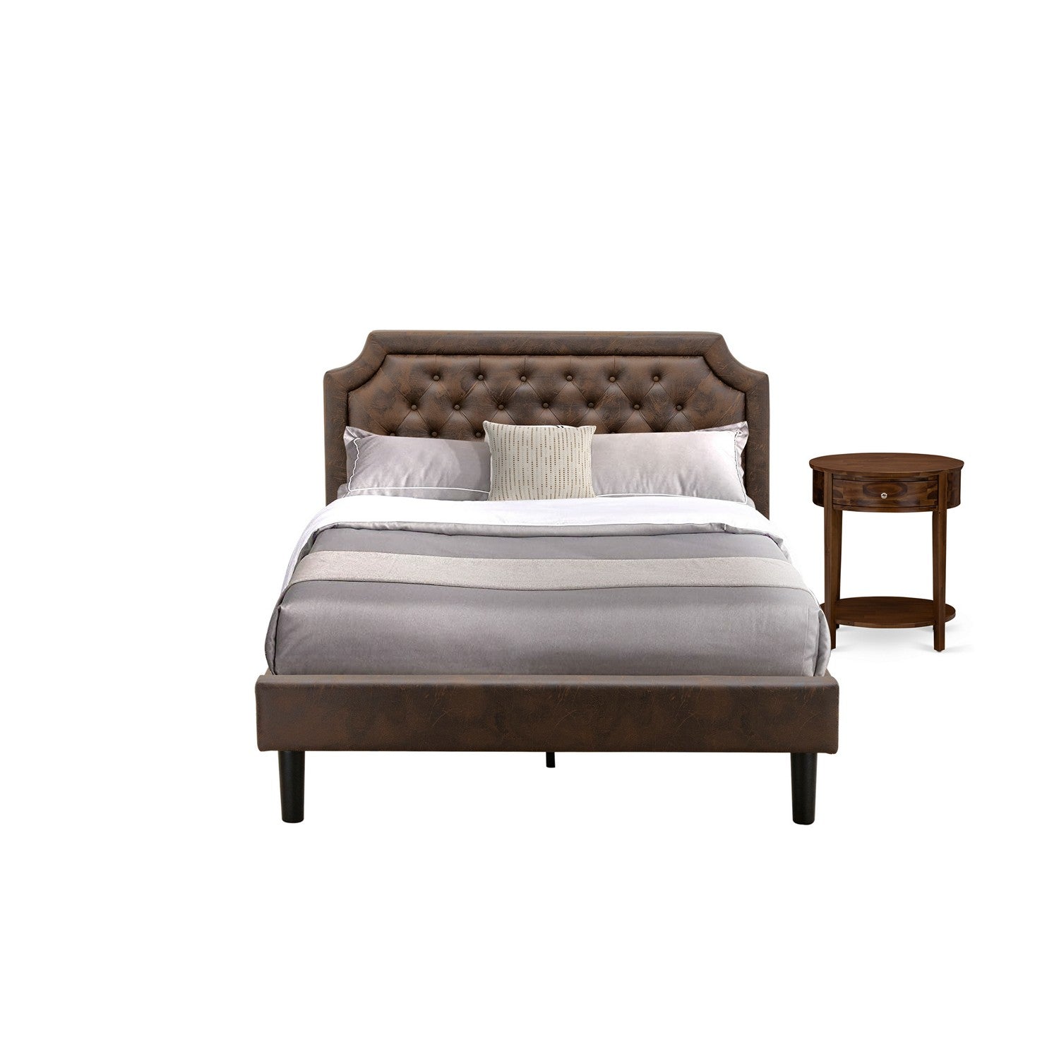 East West Furniture GB25Q-1HI08 2-Piece Wooden Set for Bedroom with Button Tufted Queen Frame and 1 Antique Walnut Mid Century Nightstand - Dark Brown faux Leather with Black Texture and Black Legs