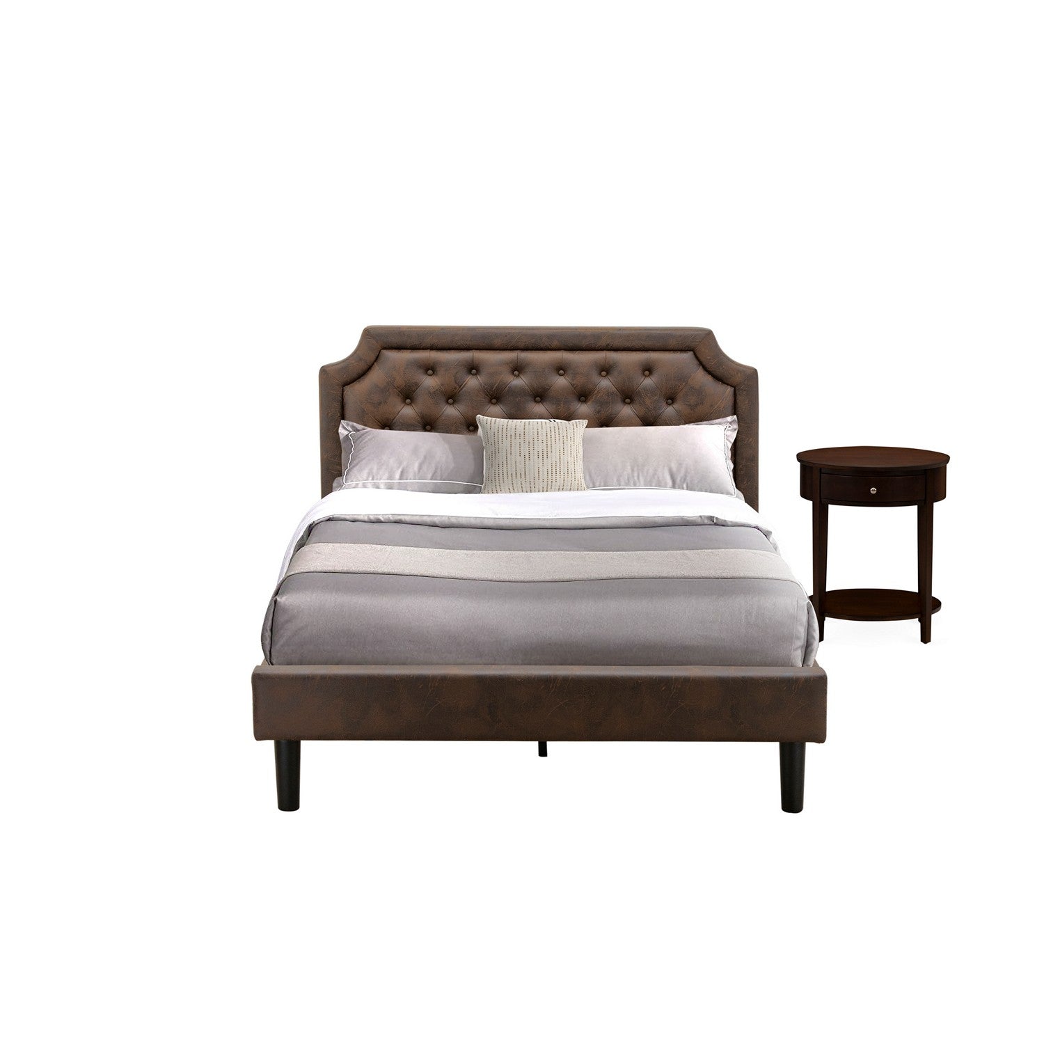East West Furniture GB25Q-1HI0M 2-Piece Platform Bedroom Furniture Set with Button Tufted Mid Century Bed and 1 Antique Mahogany Night Stand - Dark Brown faux Leather with Black Texture and Black Legs